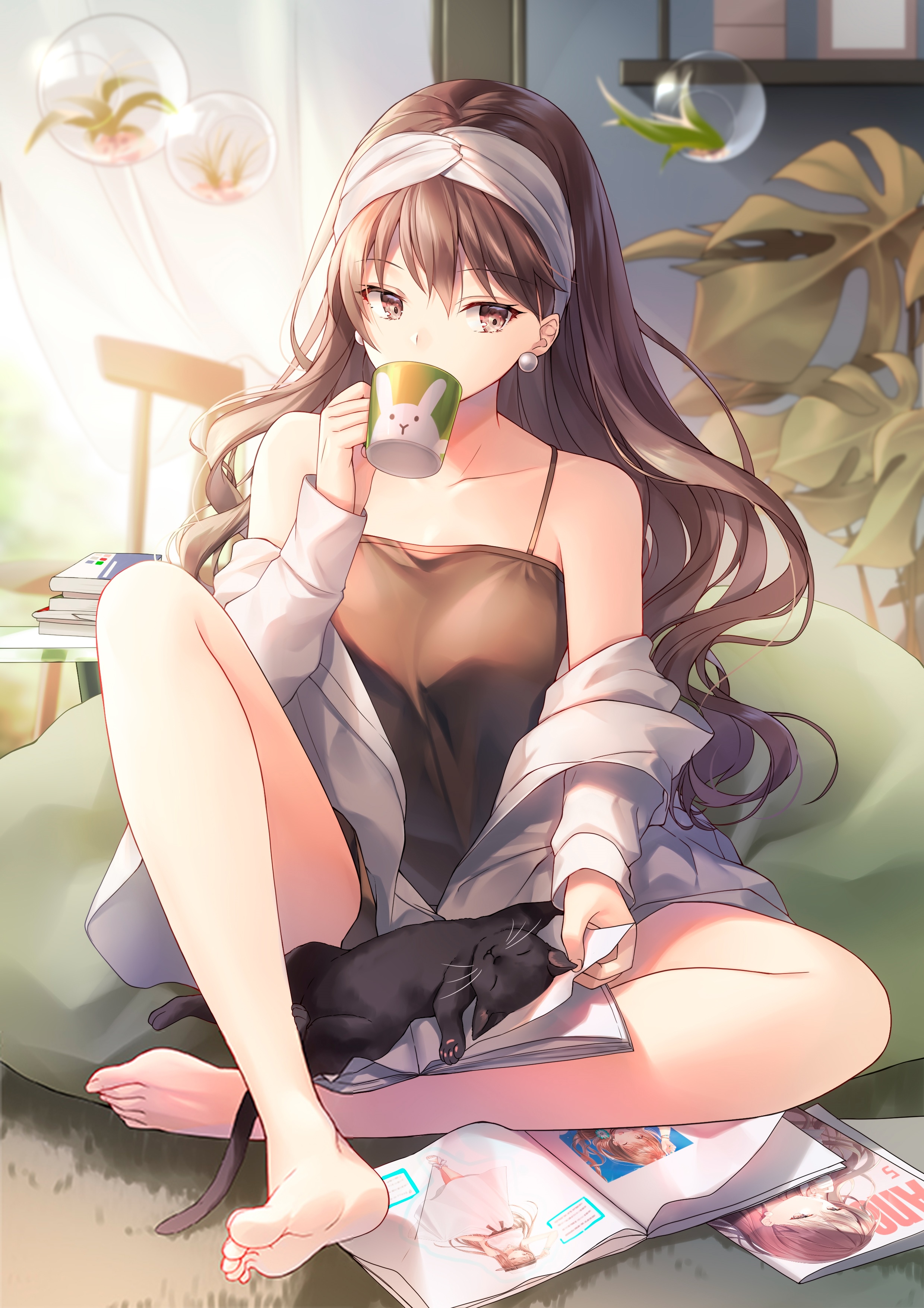 Anime girl Kagachi Saku drinking coffee with a cat HD Phone Wallpaper