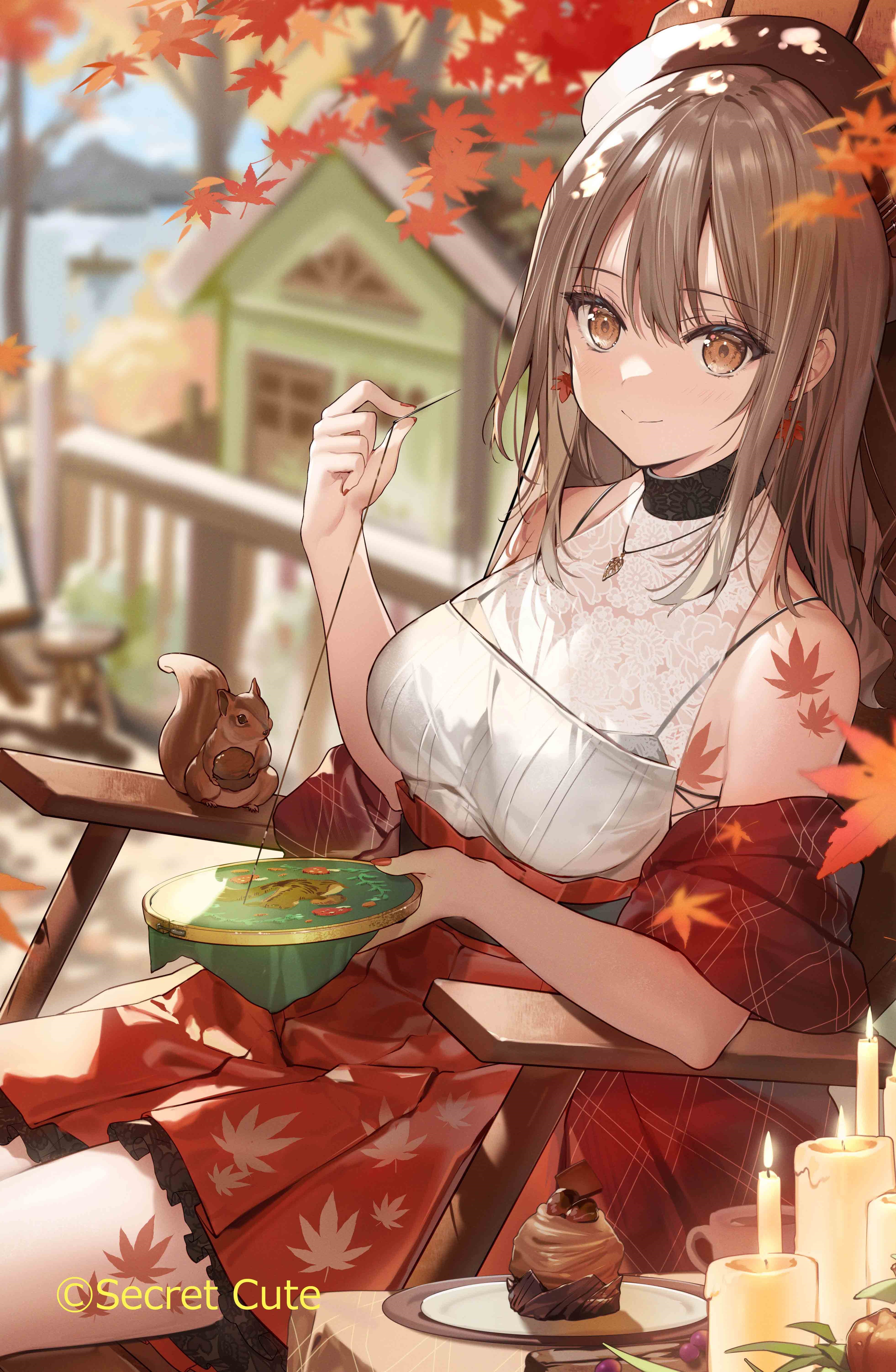 Girl sewing with squirrel and candles HD Phone Wallpaper