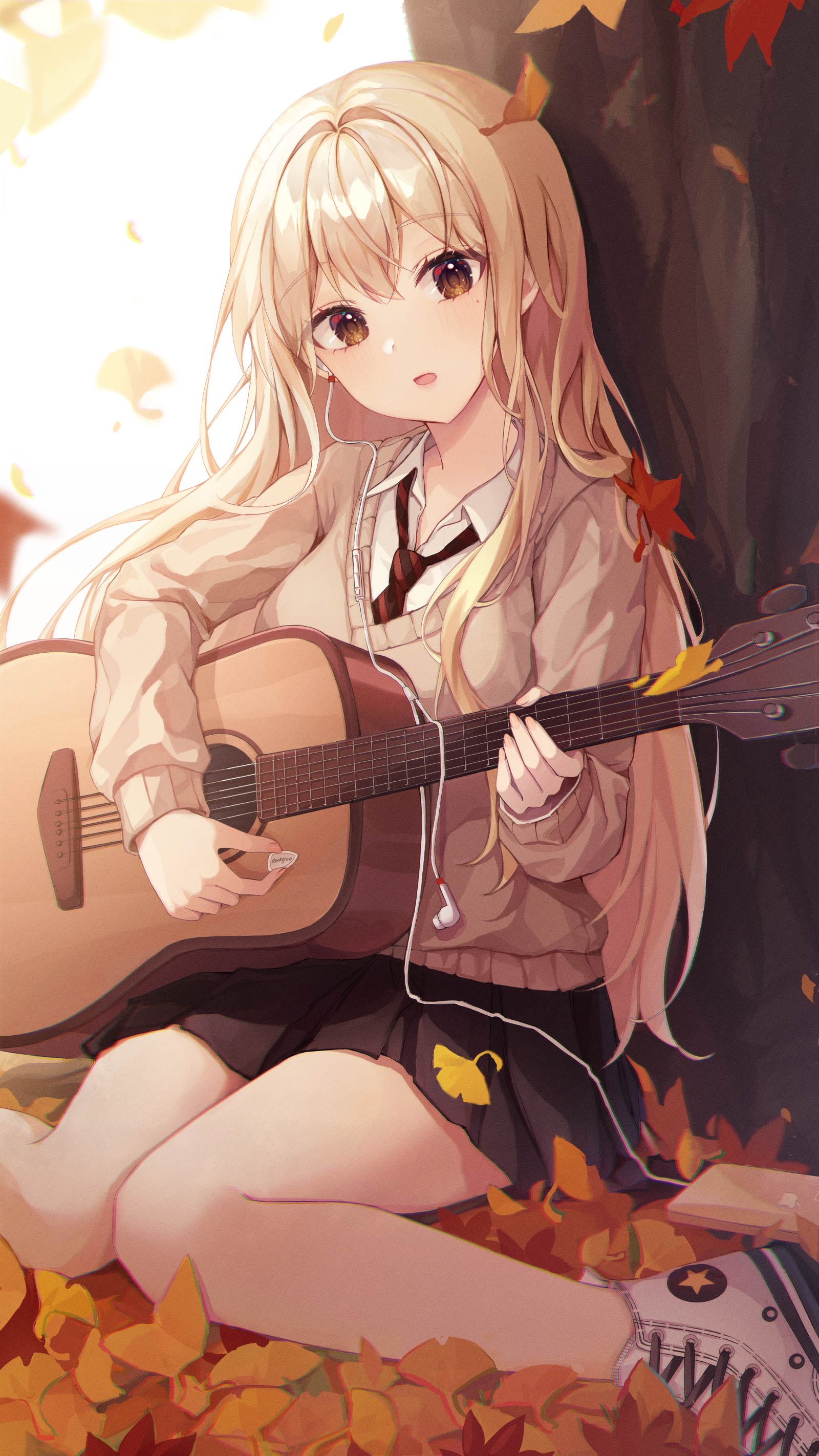 Anime girl playing guitar in autumn leaves HD Phone Wallpaper