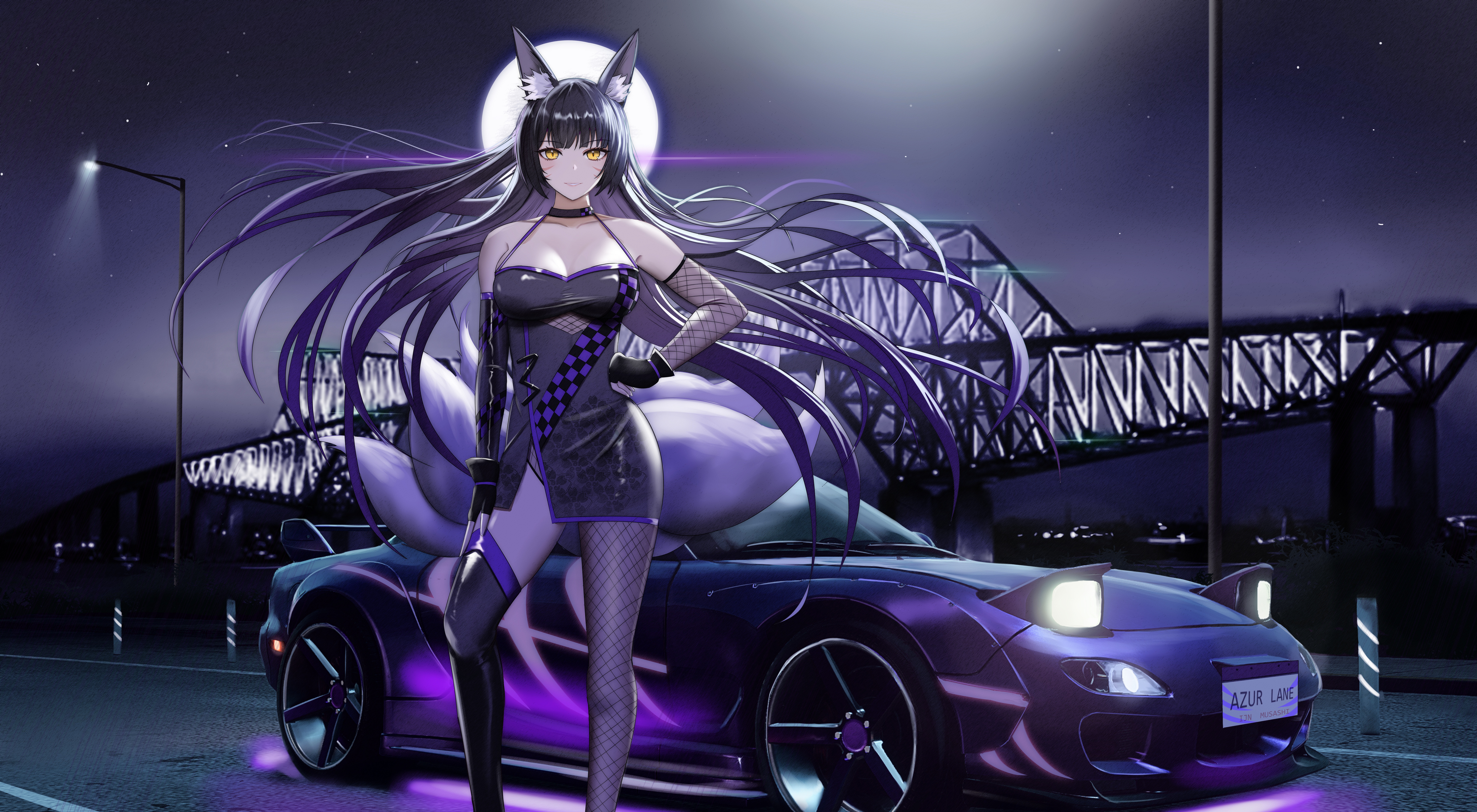 Azur Lane fox girl with a purple sports car at night HD Wallpaper