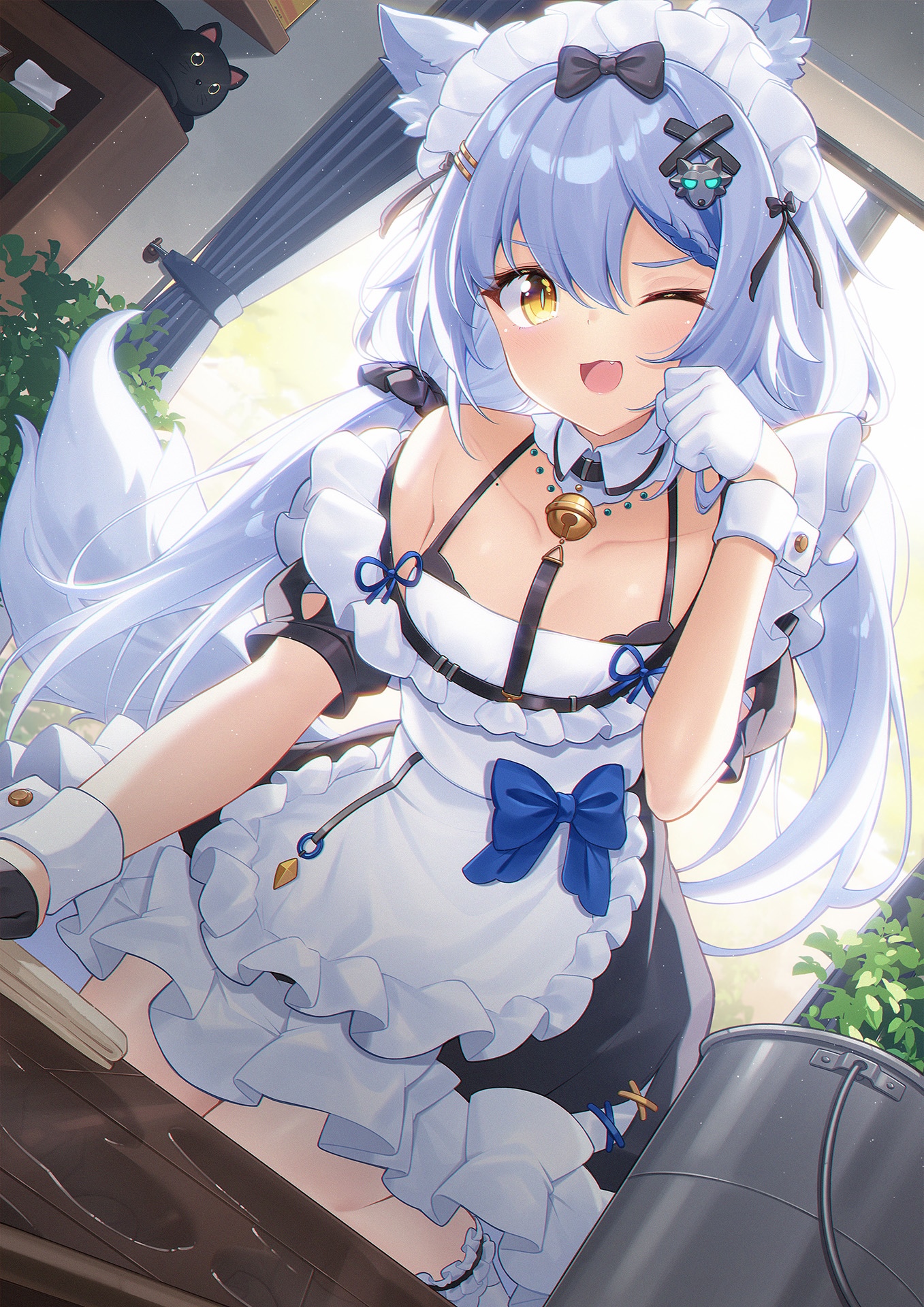 Anime Fox Girl Maid with Blue Hair and Yellow Eyes HD Phone Wallpaper