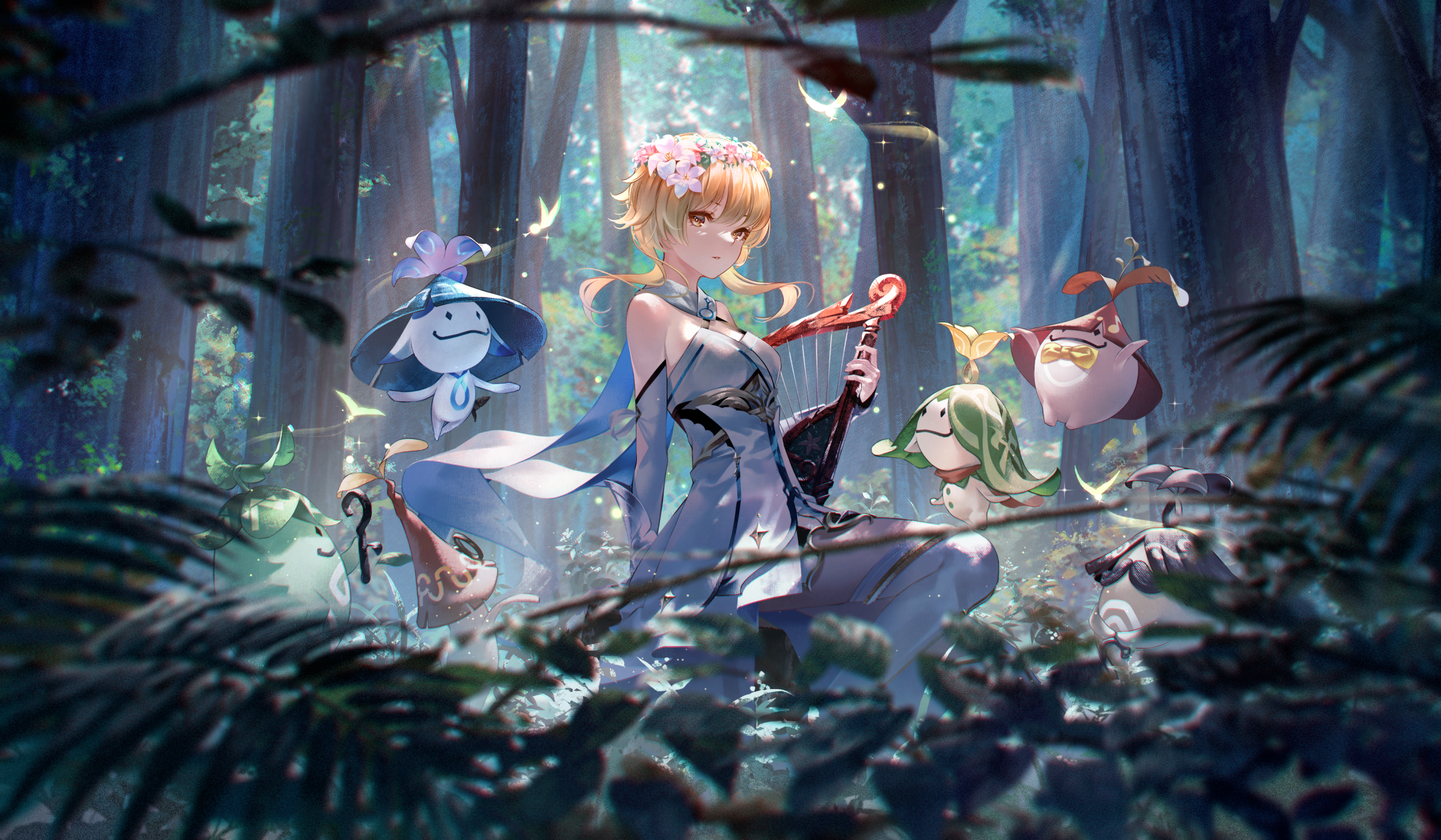 Lumine playing a lyre with forest spirits in Genshin Impact HD Wallpaper