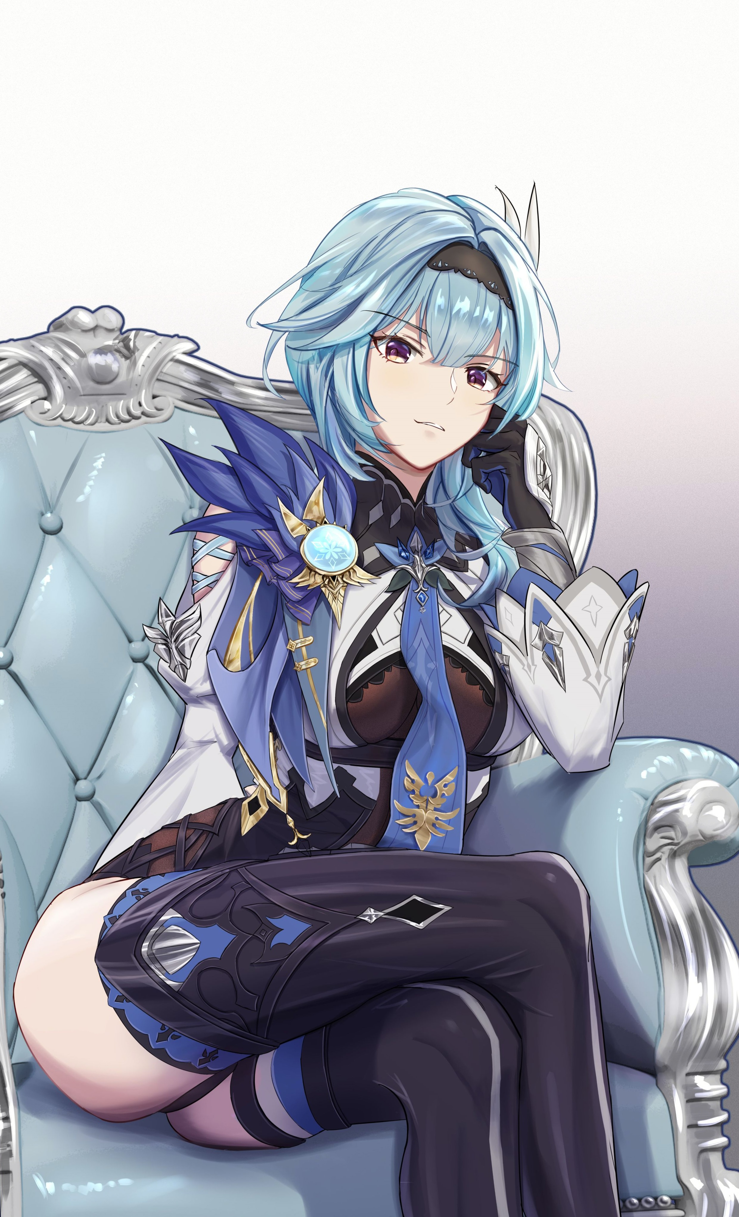 Eula from Genshin Impact sitting on a chair HD Phone Wallpaper