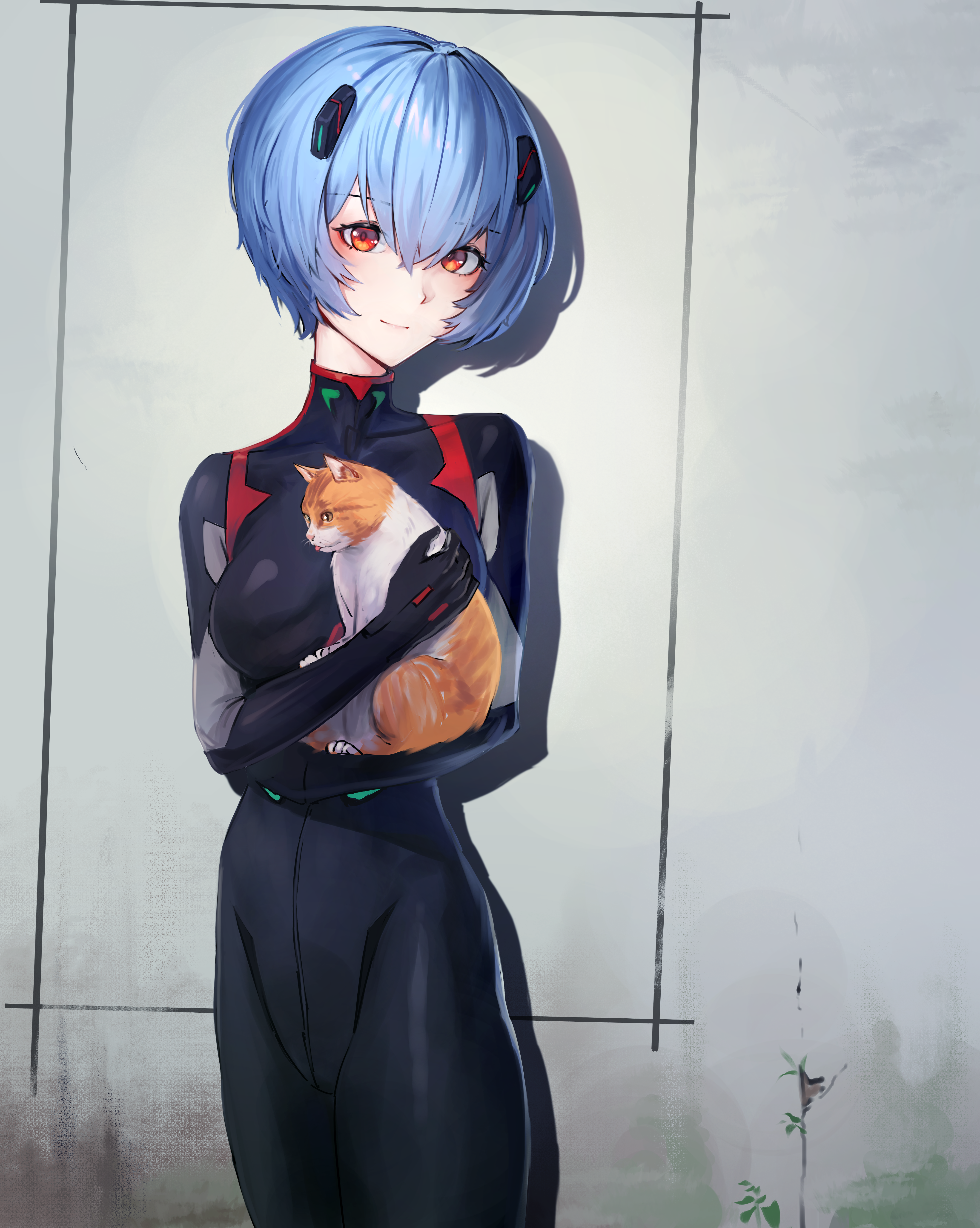 Ayanami Rei holding a cat HD Phone Wallpaper