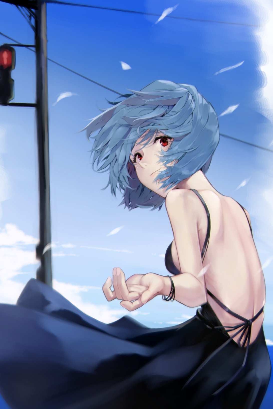 Ayanami Rei in a black dress with blue hair HD Phone Wallpaper