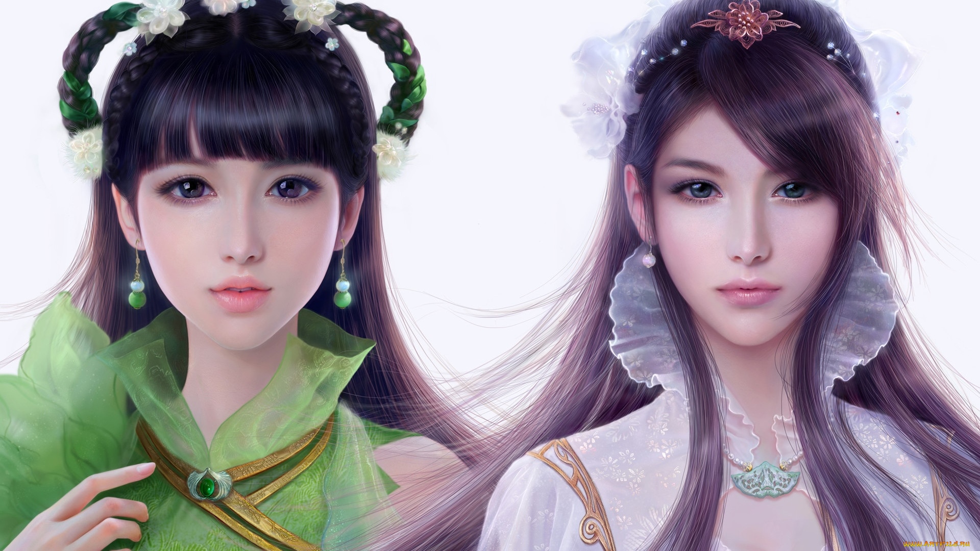 Two fantasy women with dark hair and ornate clothing HD Wallpaper