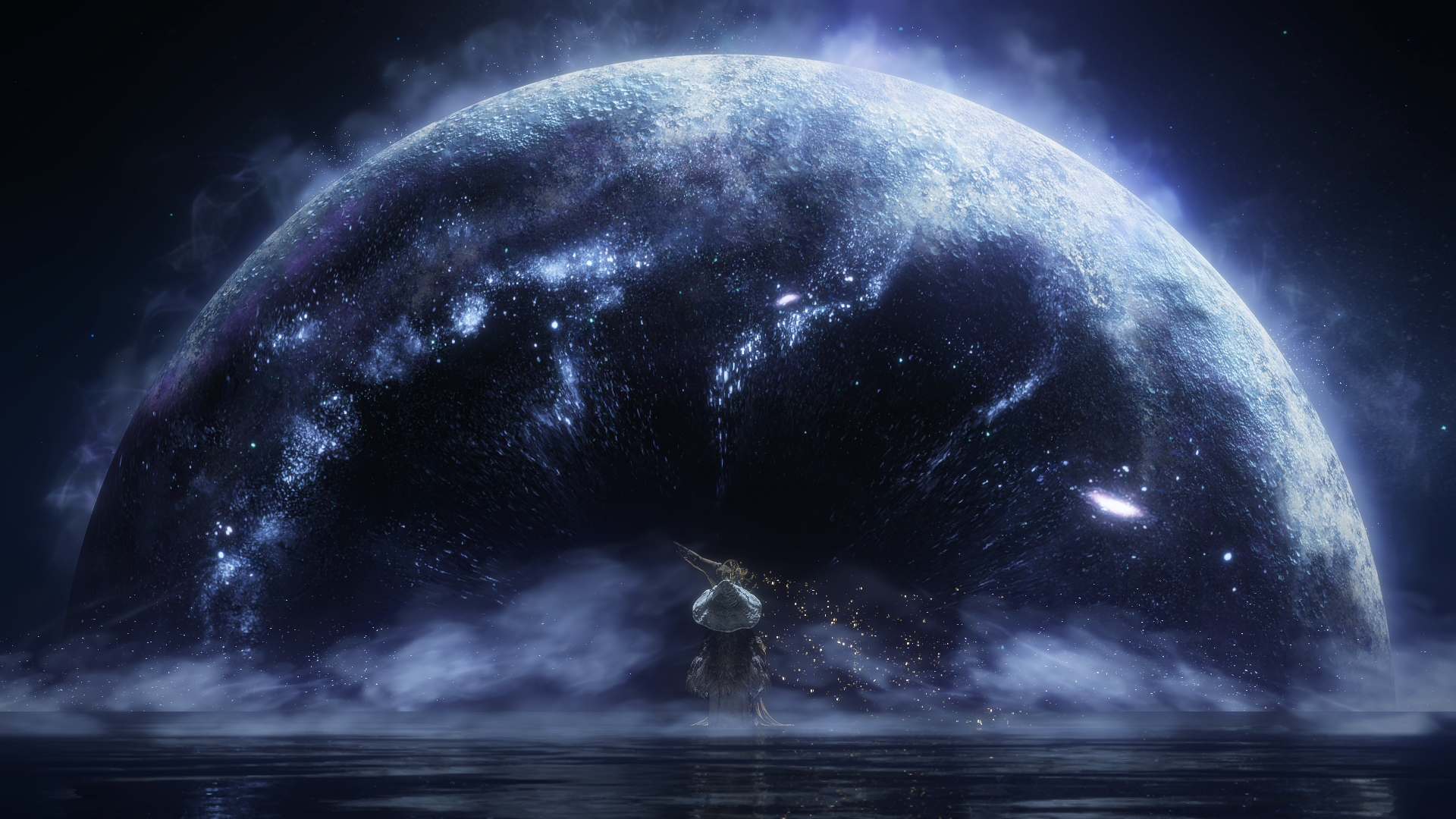 Elden Ring: A lone figure beneath a cosmic sphere HD Wallpaper