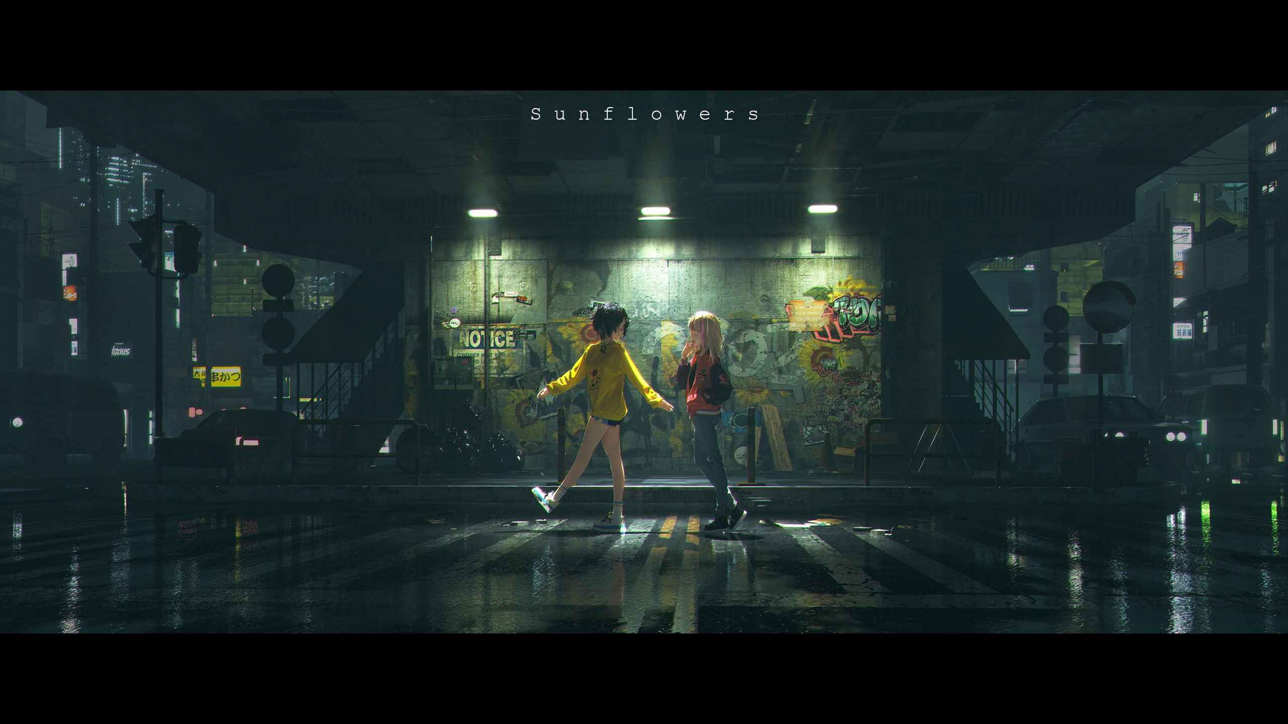 Two girls in a rainy city at night HD Wallpaper