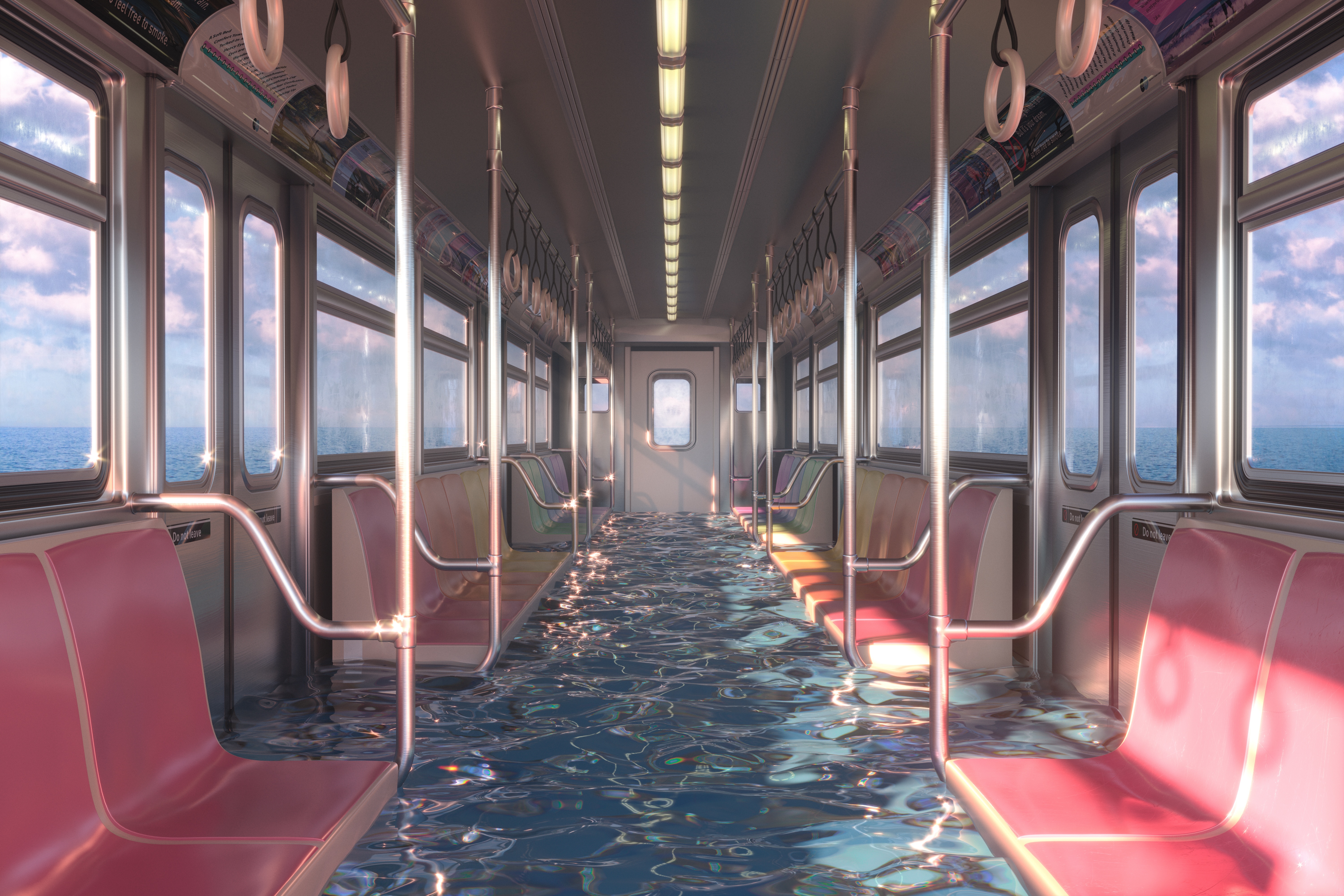 4K train flooded with water and clouds HD Wallpaper