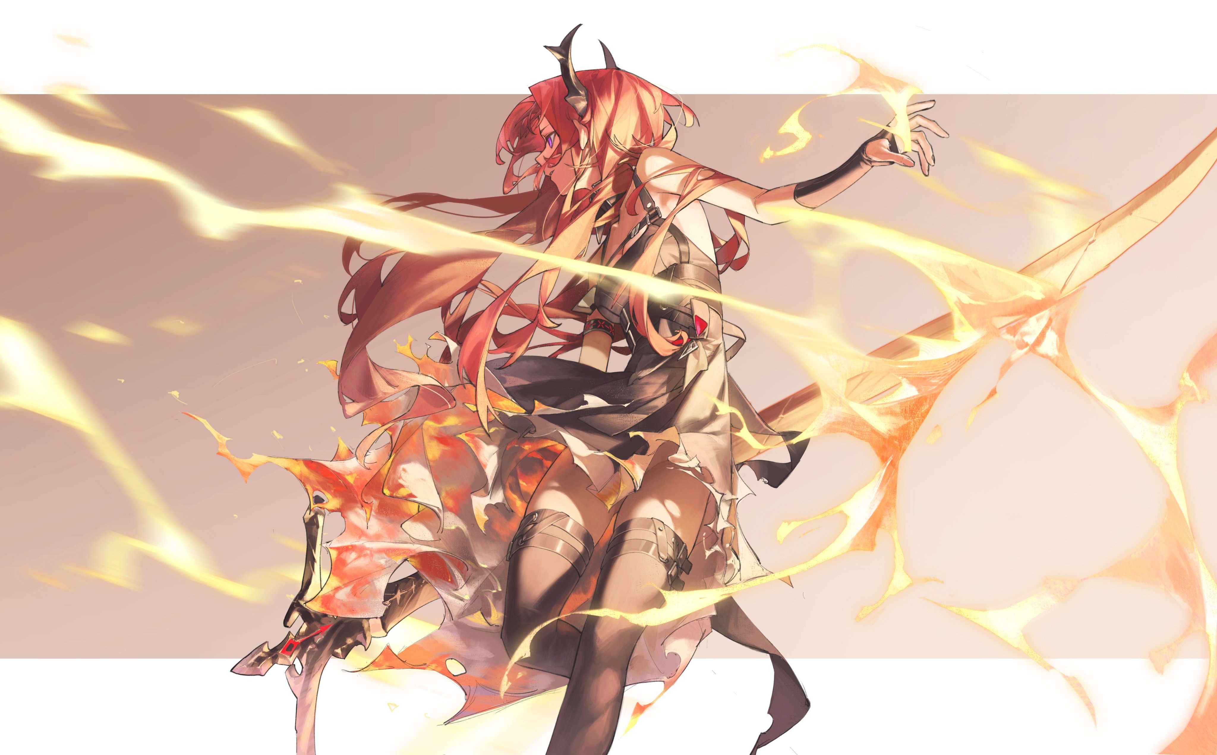 4K Arknights Surtr with fiery sword and horns HD Wallpaper