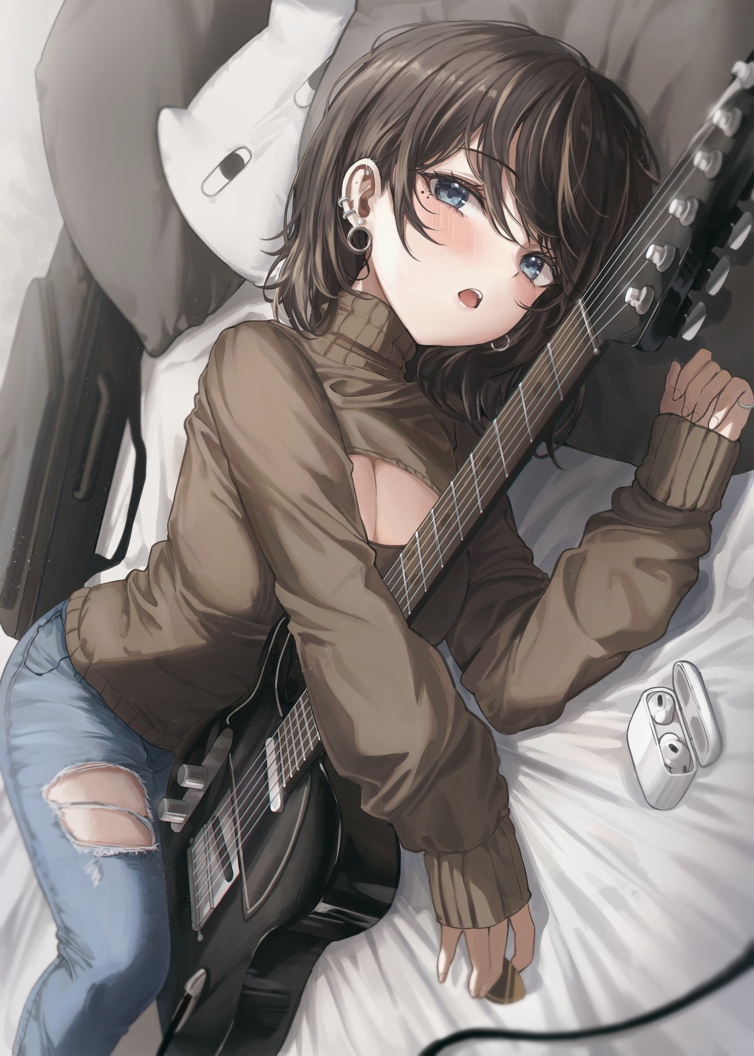 Anime girl with guitar and earphones HD Phone Wallpaper