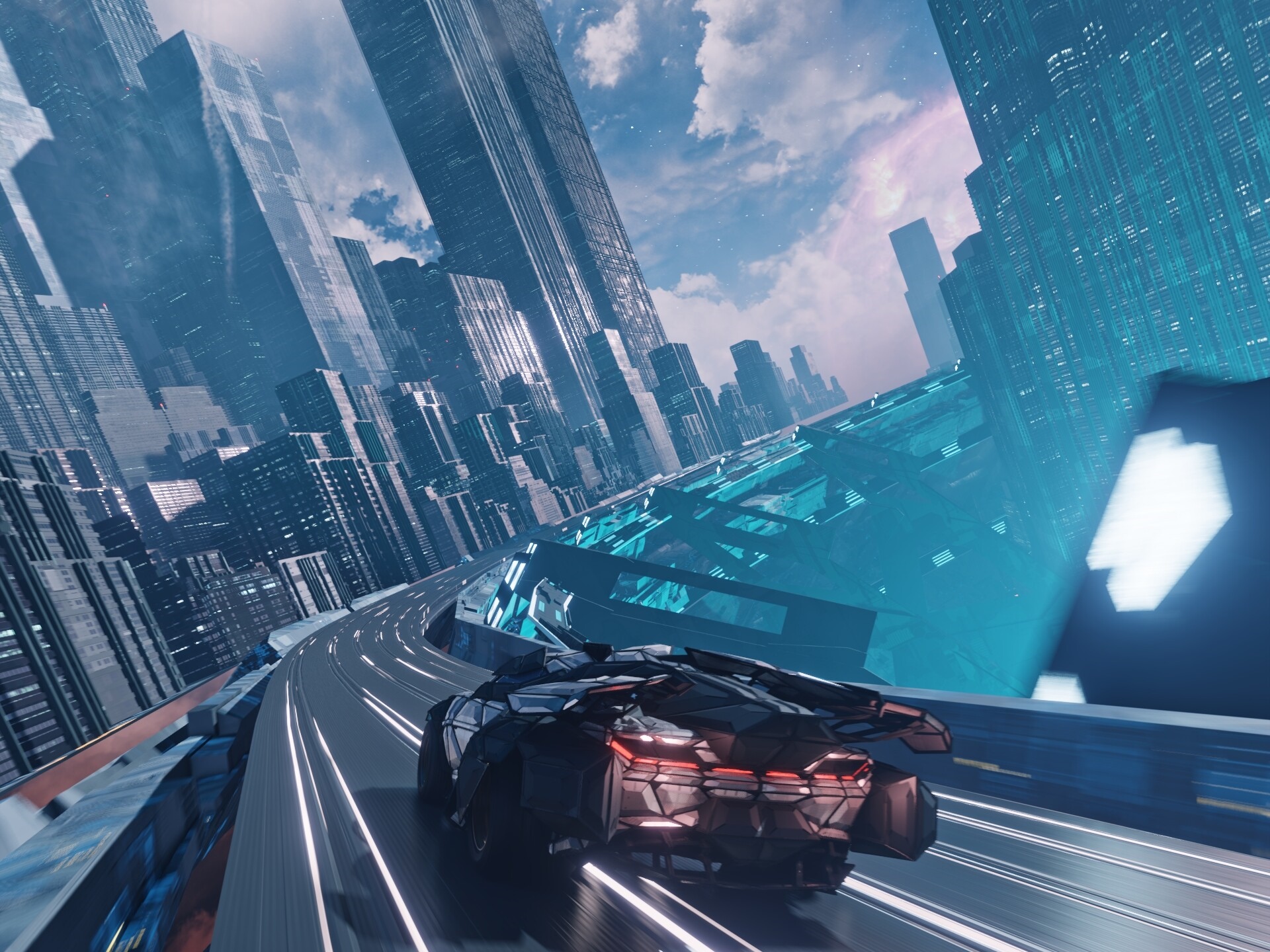 Futuristic cityscape with a car on a road HD Wallpaper
