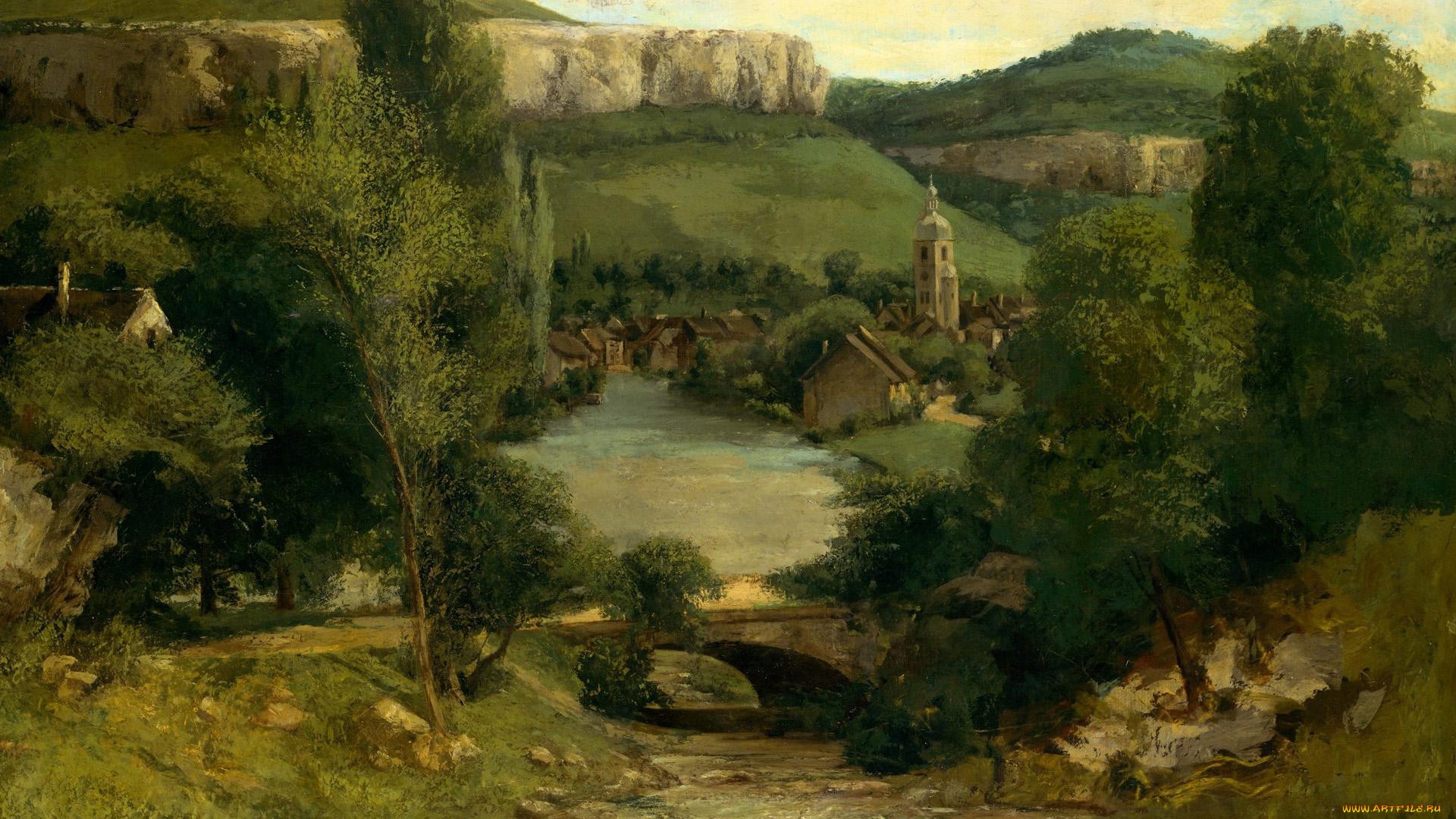 Painting of a town by a river with a bridge HD Wallpaper