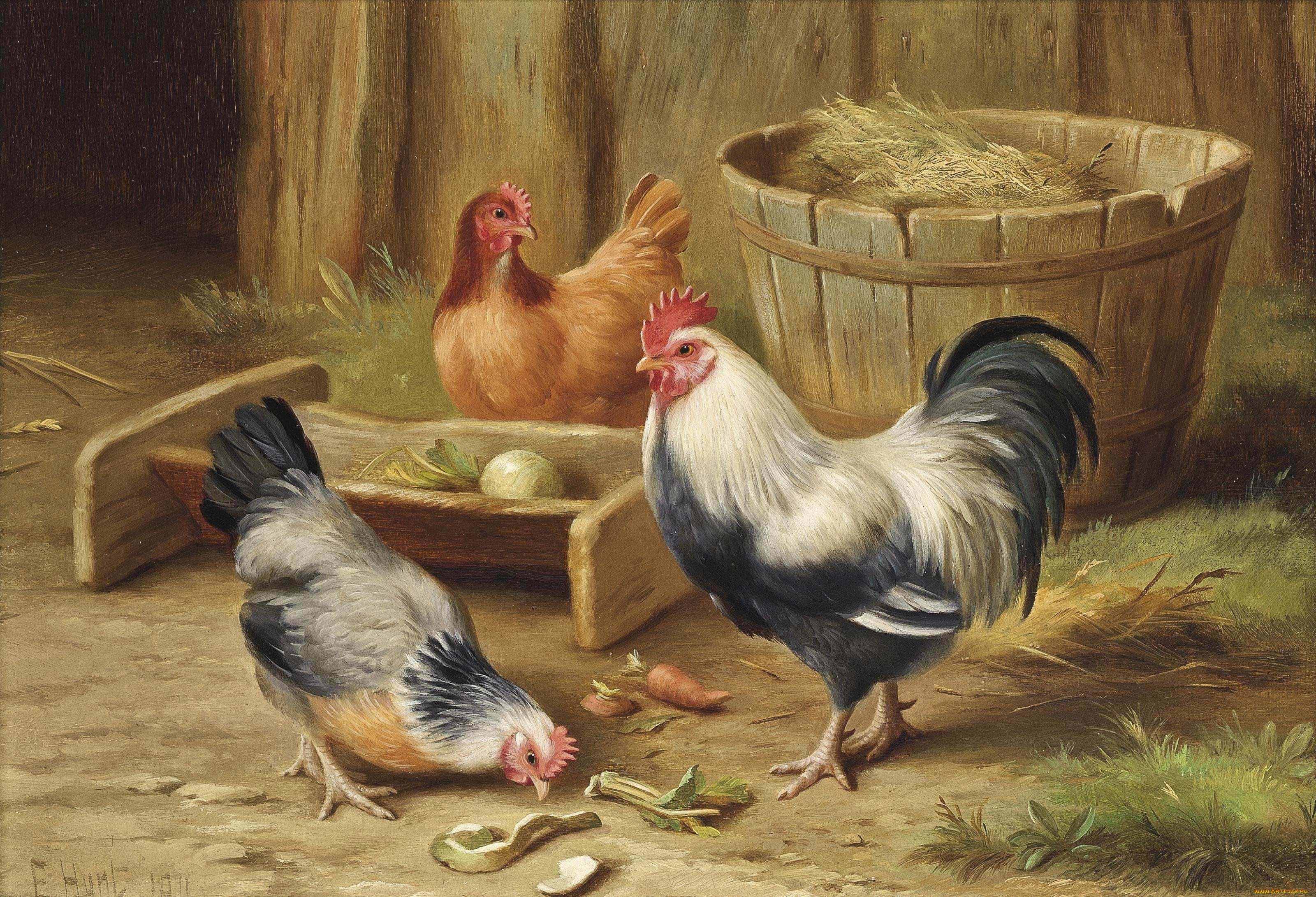 Painting of chickens in a barnyard HD Wallpaper
