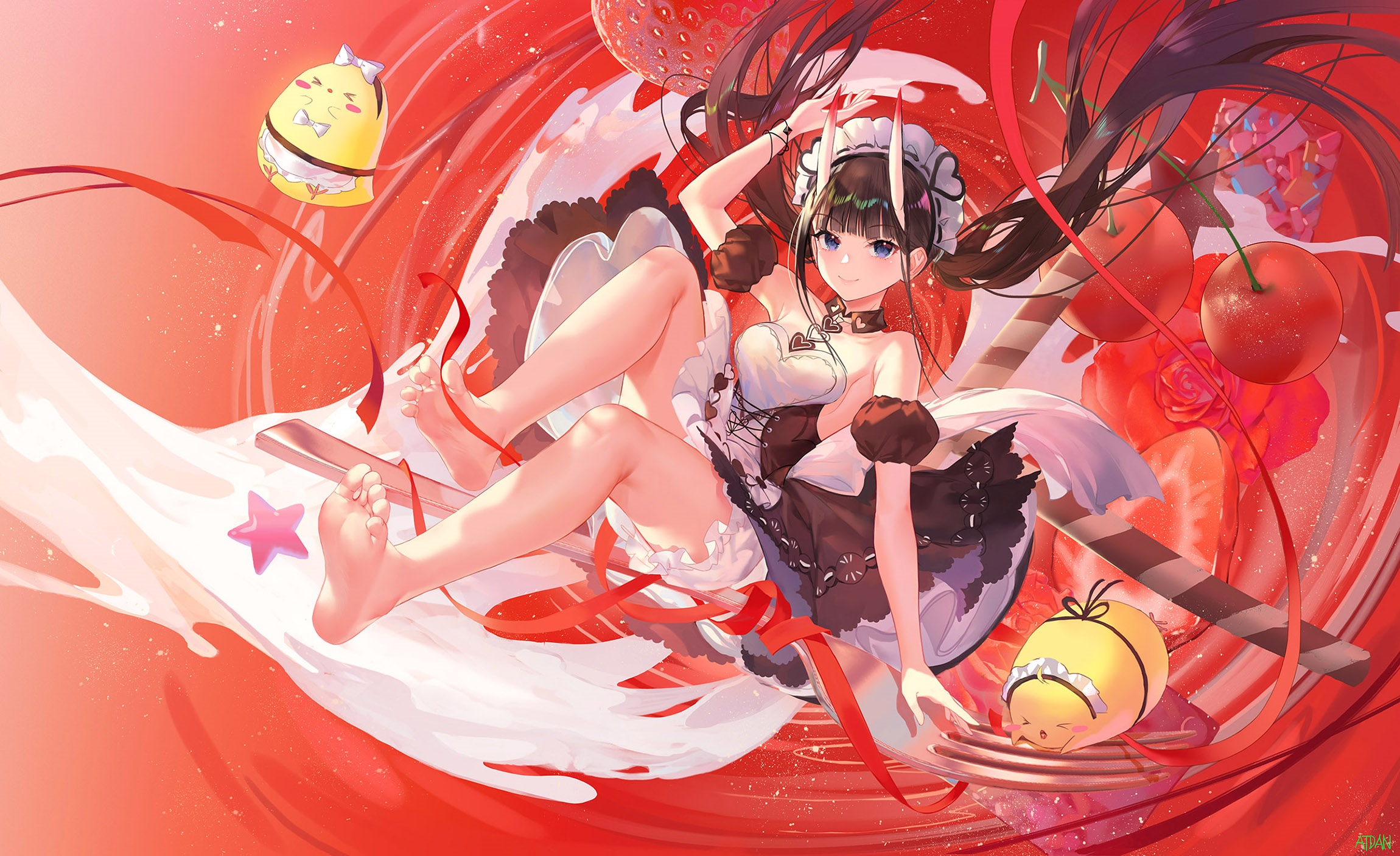 Noshiro in a maid outfit with strawberries and cherries HD Wallpaper