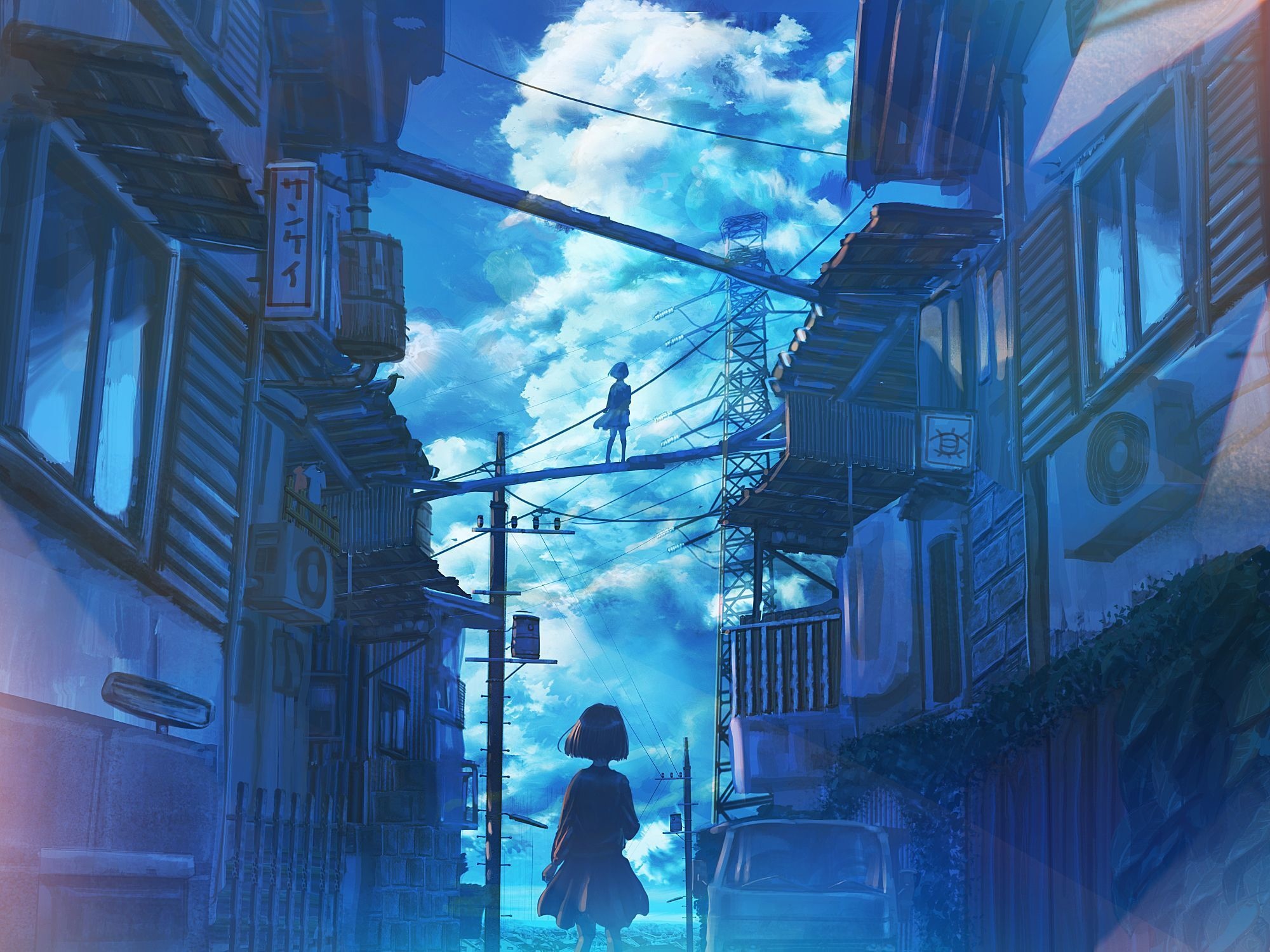Papa no Iukoto wo Kikinasai! two girls in urban setting with clouds HD Wallpaper