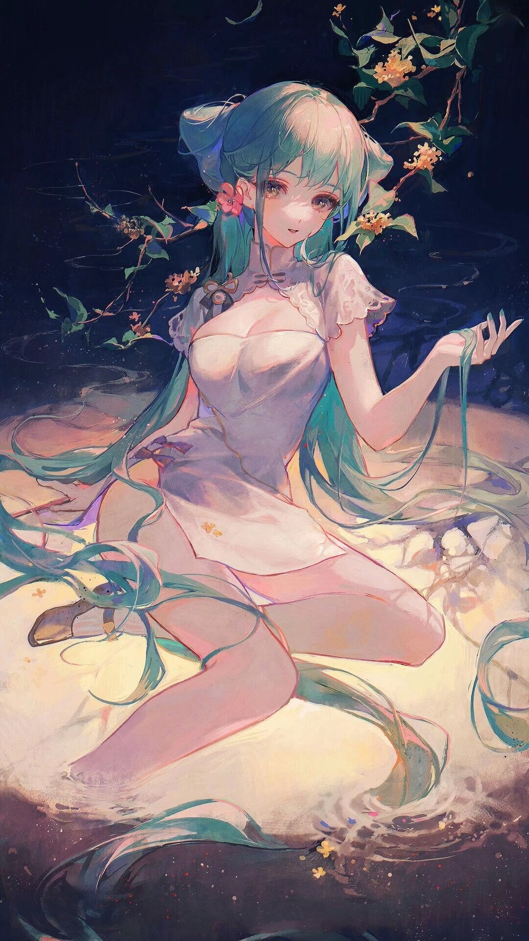 Hatsune Miku in a white dress by the water HD Phone Wallpaper