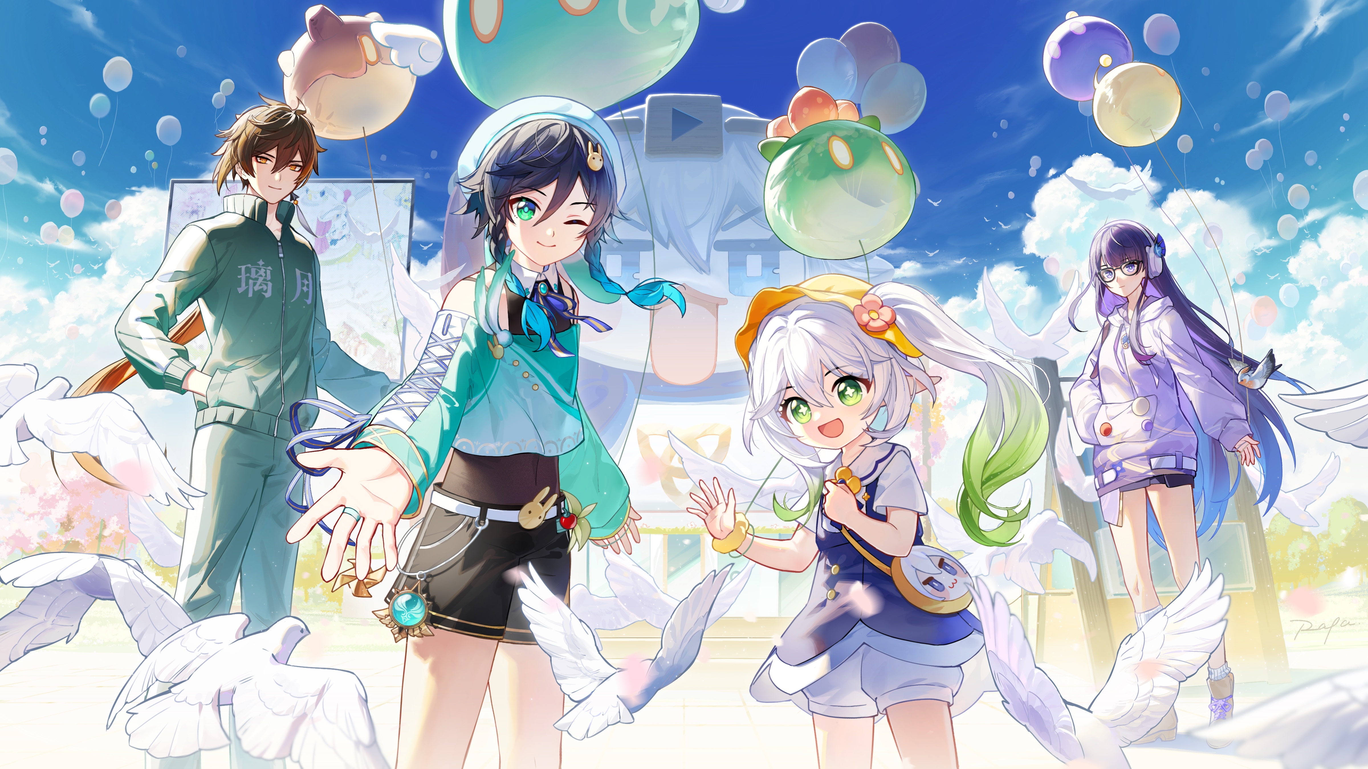 Genshin Impact: Zhongli, Venti, Nahida, and Raiden Shogun with balloons HD Wallpaper