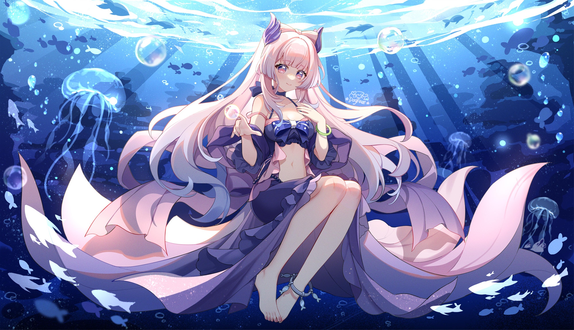 Sangonomiya Kokomi underwater with jellyfish and fish HD Wallpaper