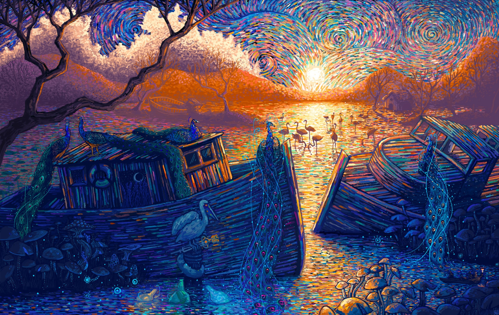 Impressionist painting of peacocks and flamingos on a lake with a shipwreck HD Wallpaper