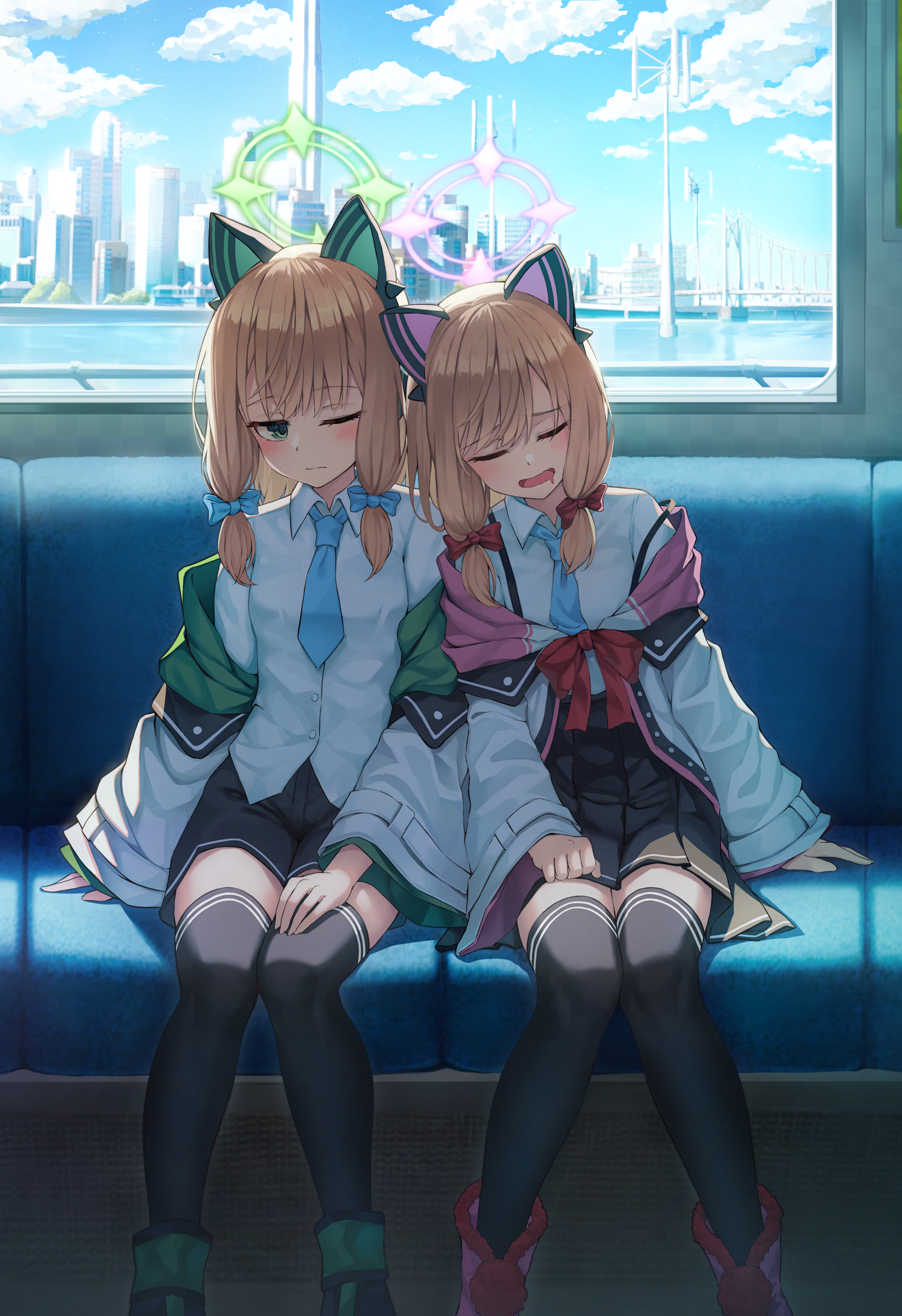 Saiba Momoi and Saiba Midori sleeping on a train HD Phone Wallpaper