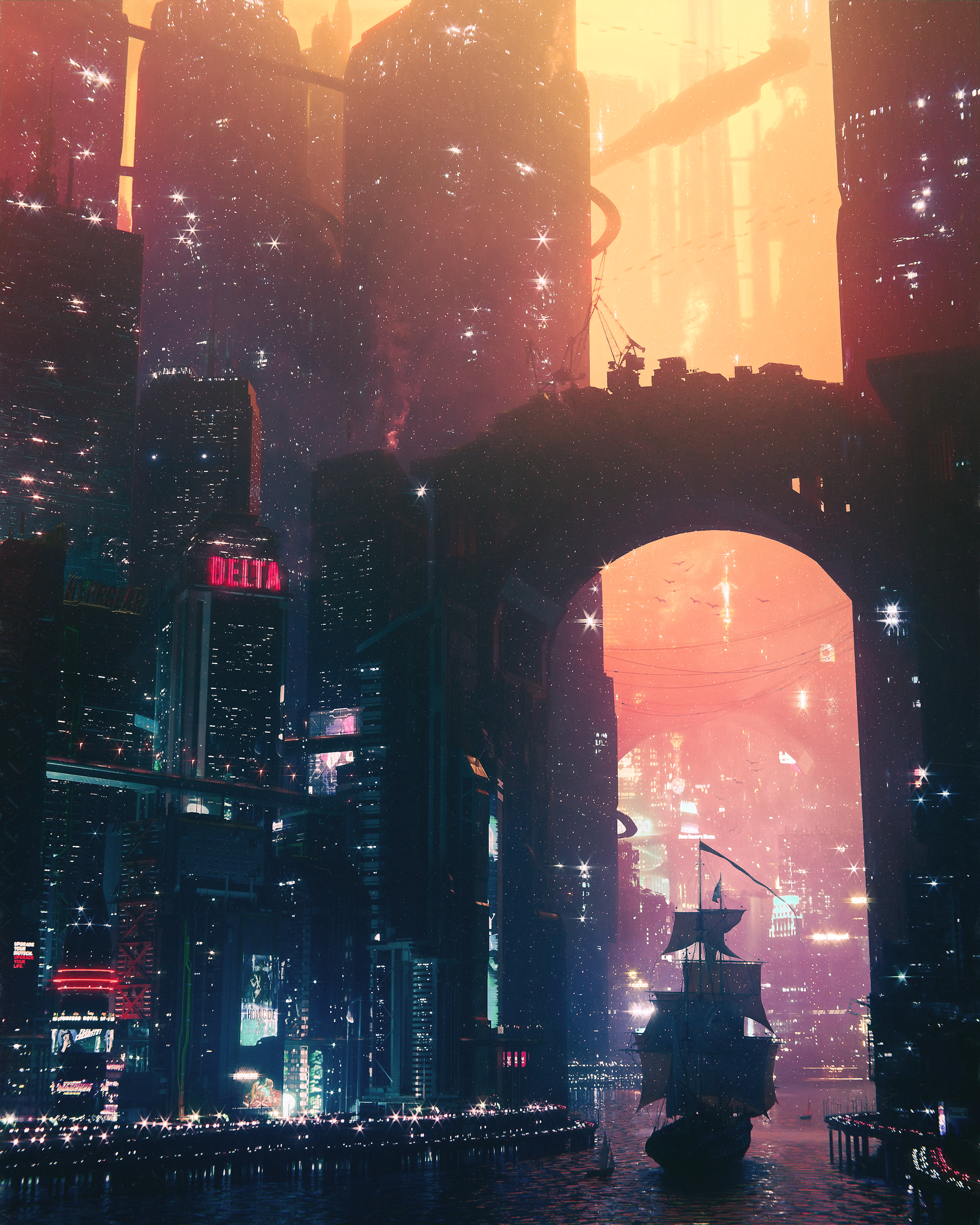 Fantasy cyberpunk city with a sailing ship HD Phone Wallpaper