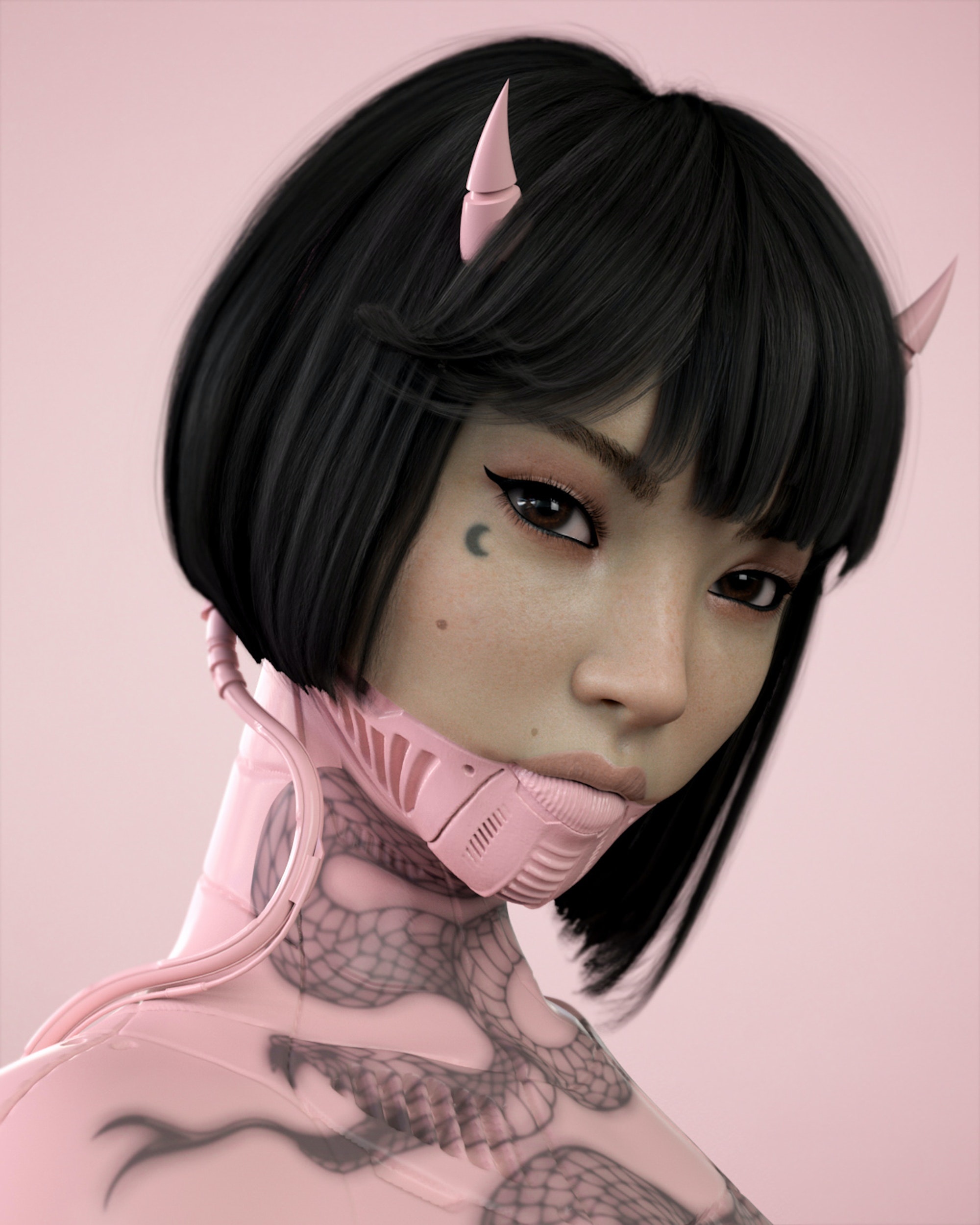 dark hair tattoo horns Asian women cyberpunk cyborg HD Phone Wallpaper
