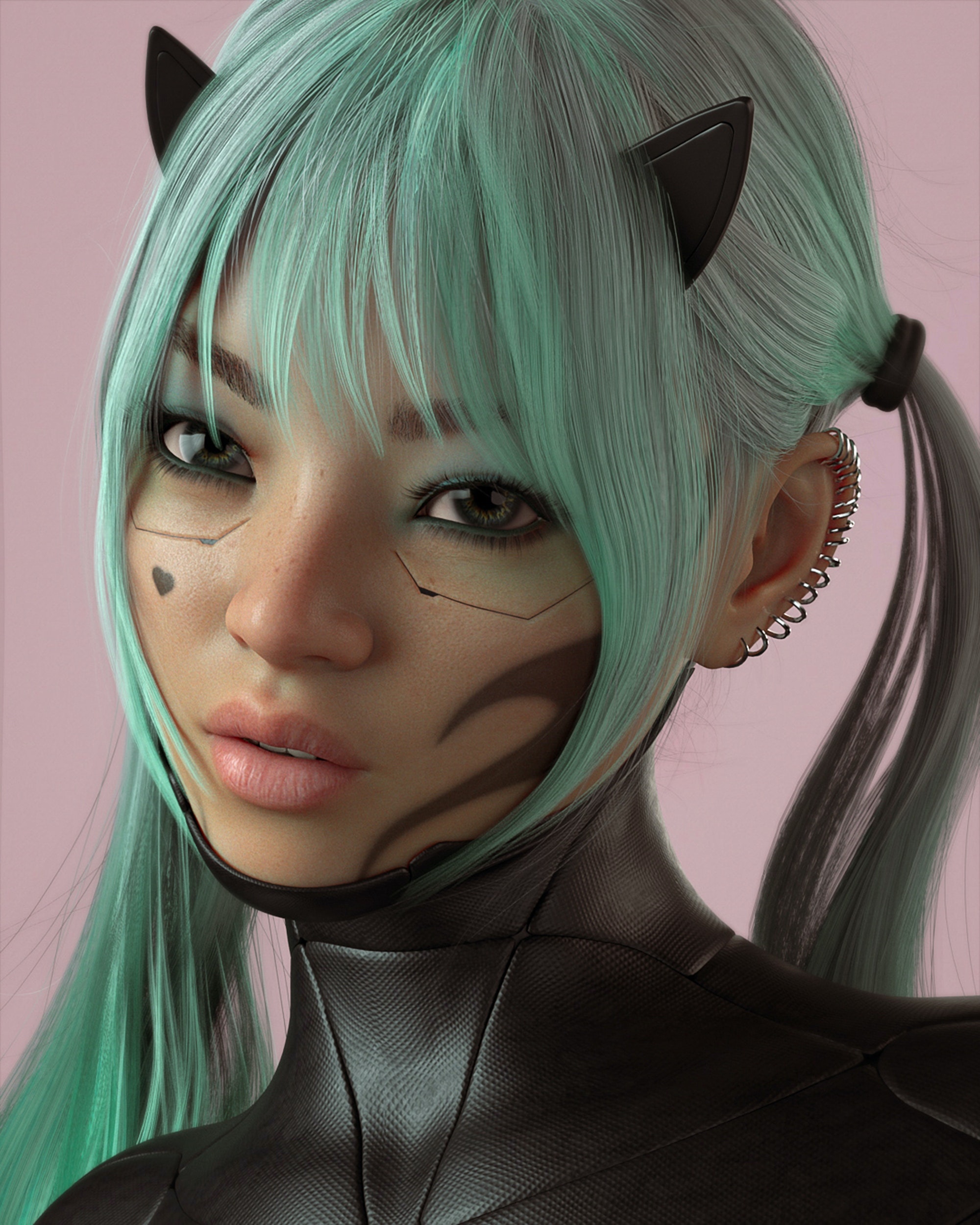 Cyberpunk woman with green twintails and cat ears HD Phone Wallpaper