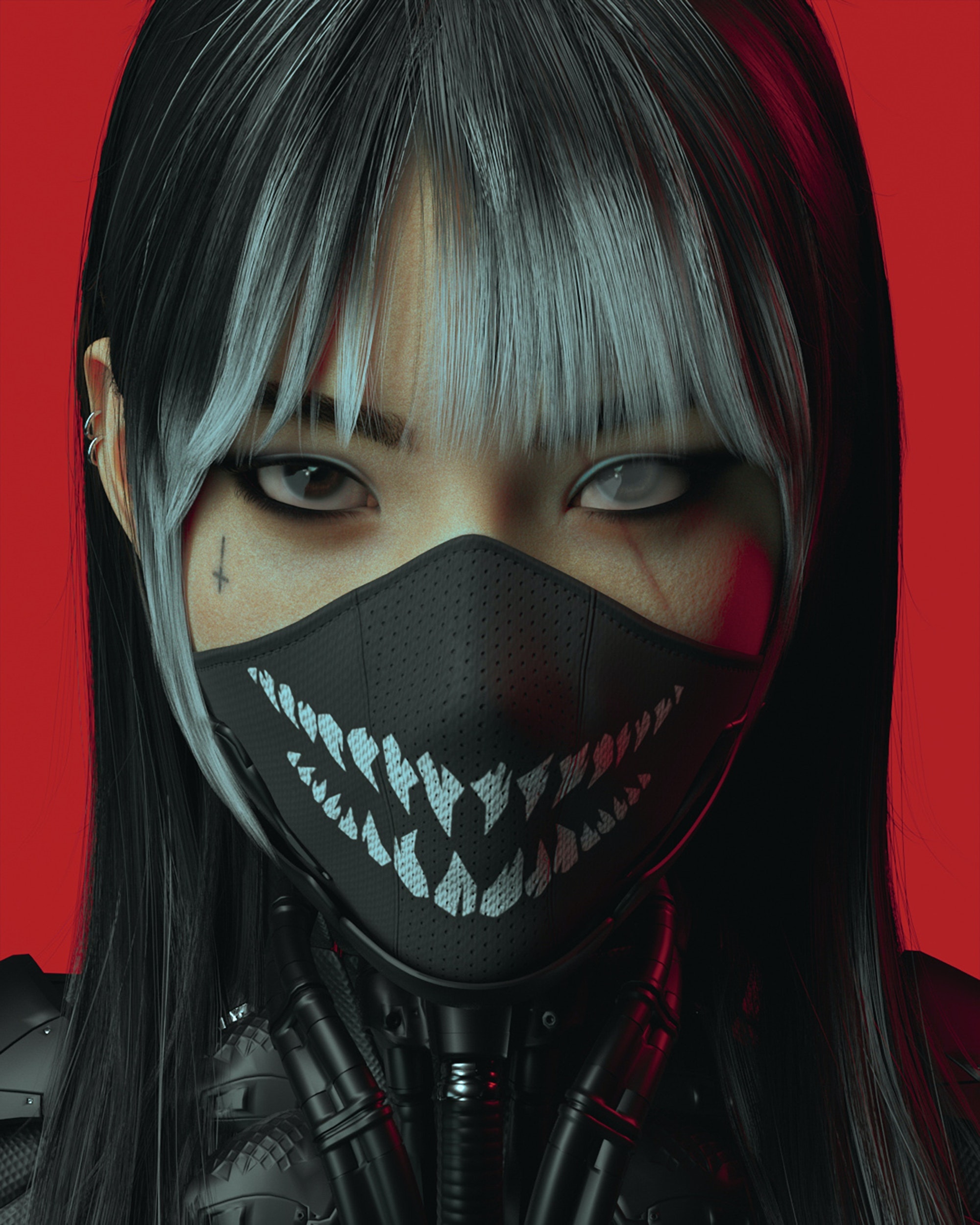 Cyberpunk woman with two-tone hair and a mask HD Phone Wallpaper