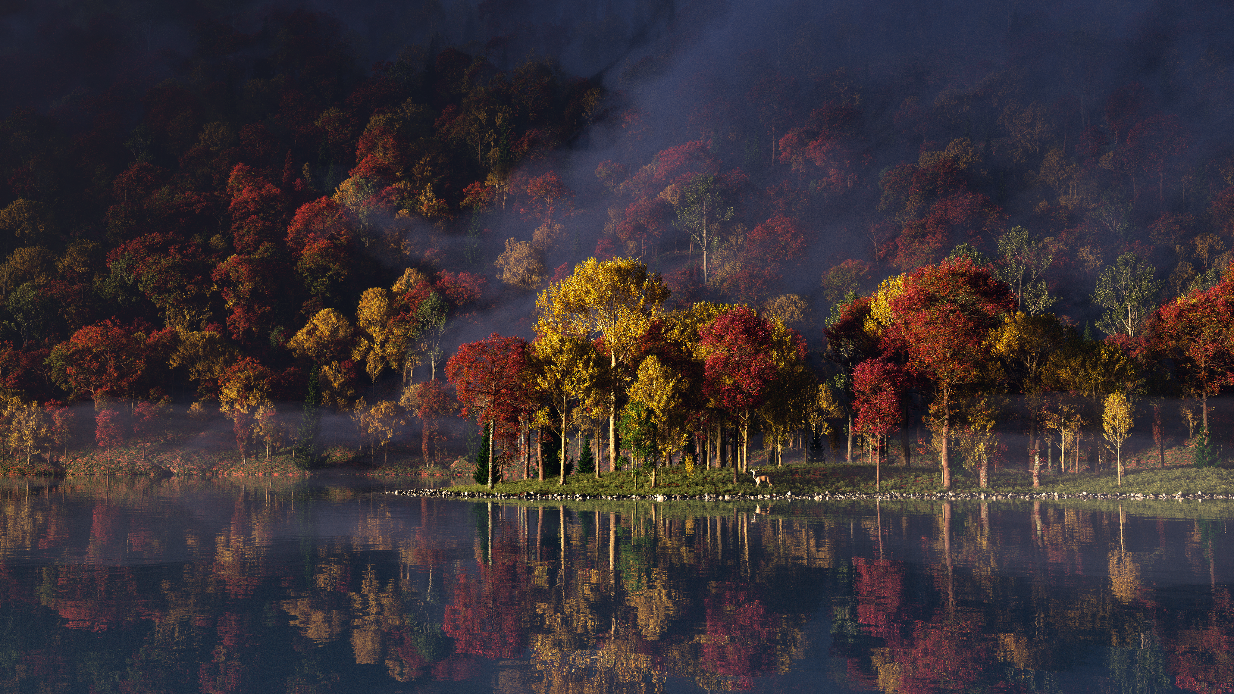 4K Autumn Forest Reflection on Lake with Mist HD Wallpaper