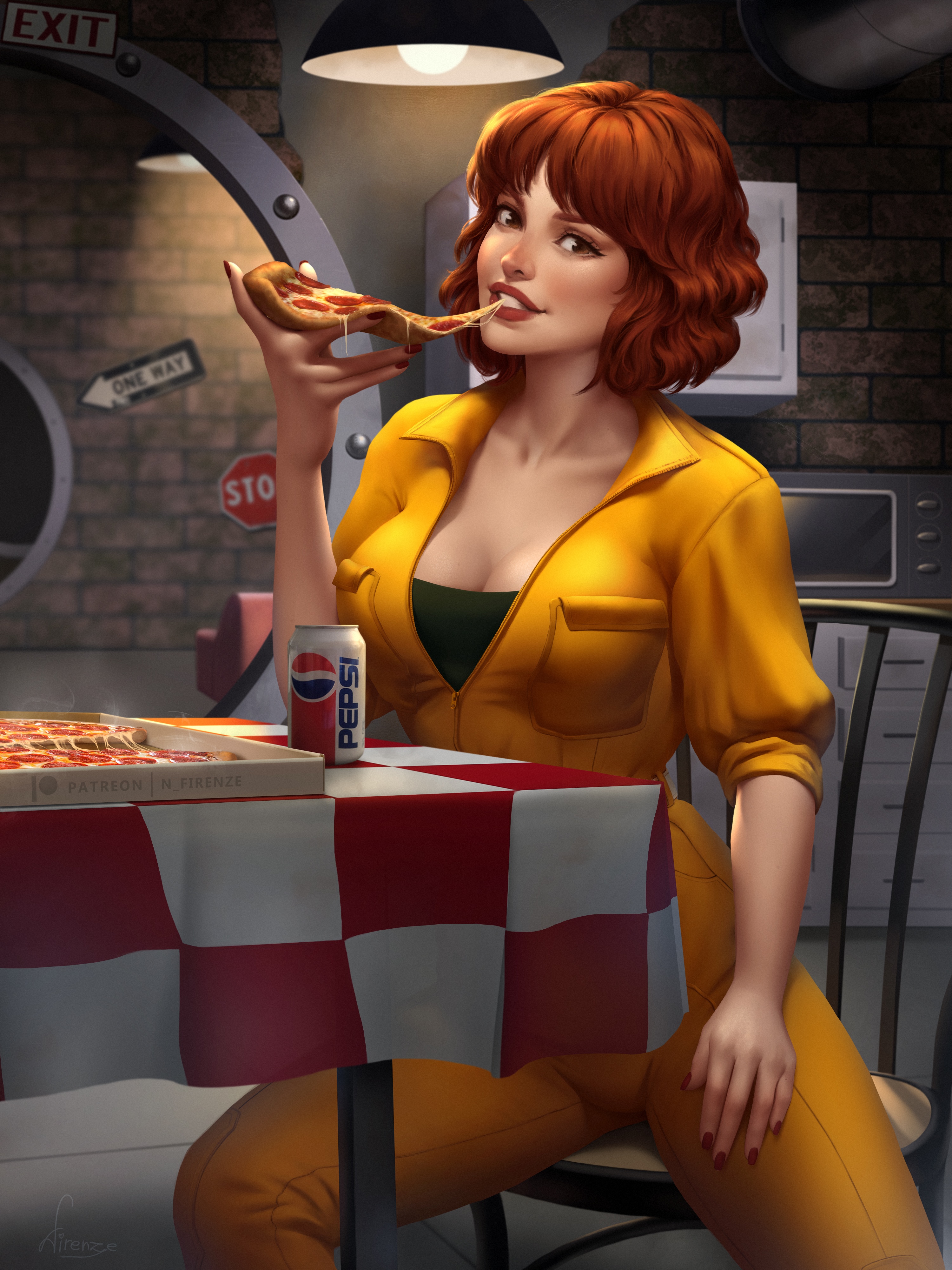 April O'Neil eating pizza with Pepsi HD Phone Wallpaper