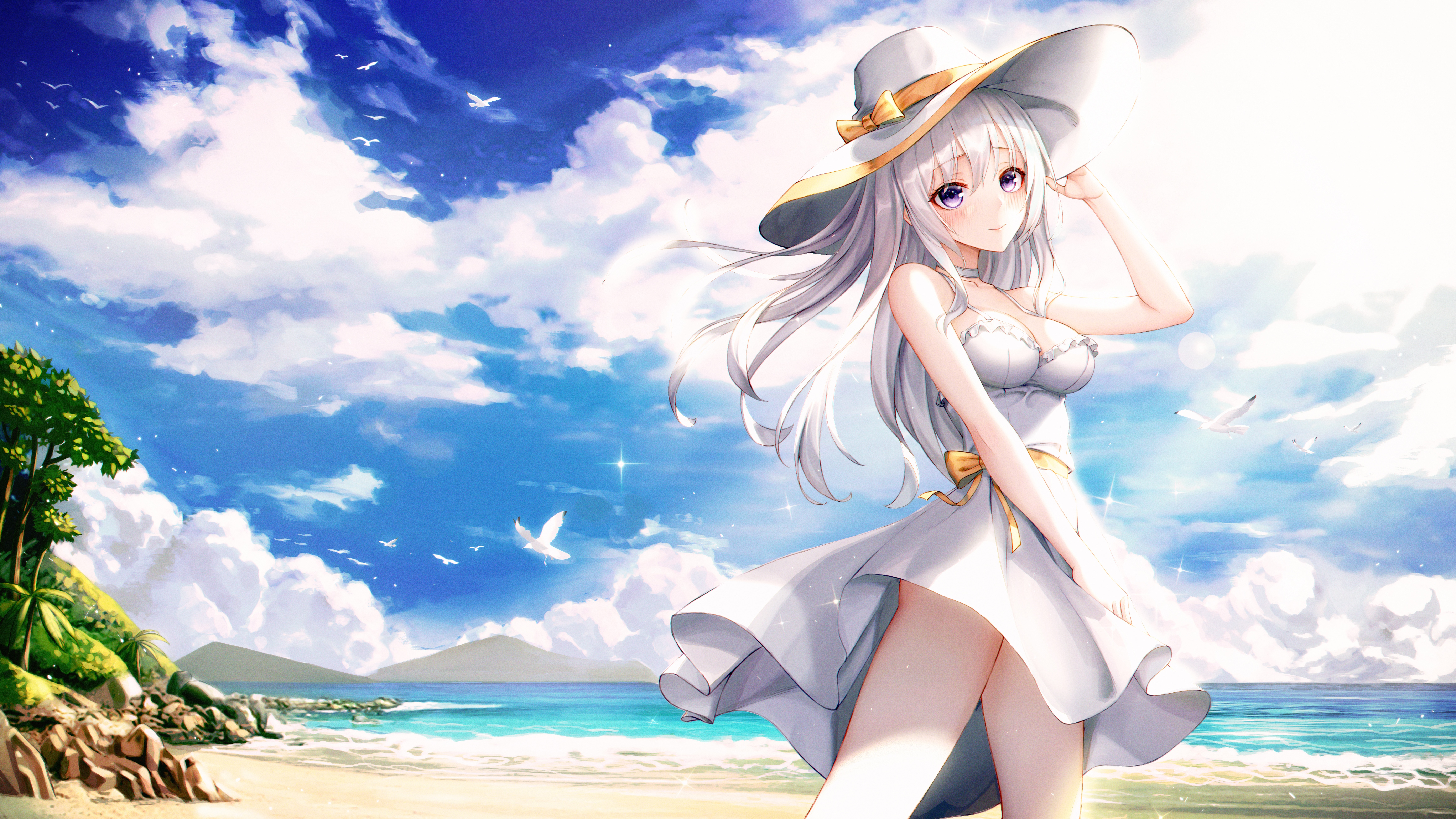 4K Anime Girl in White Dress on Beach HD Wallpaper