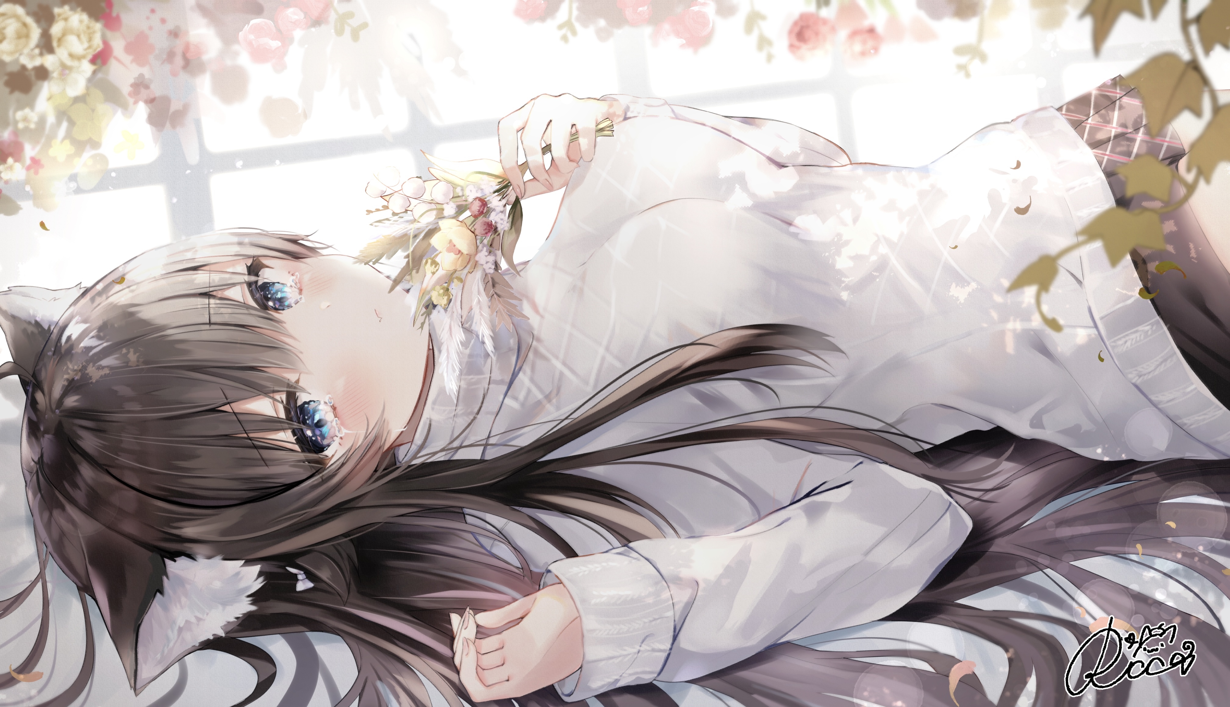 4K Cat Girl with Blue Eyes and Flowers HD Wallpaper