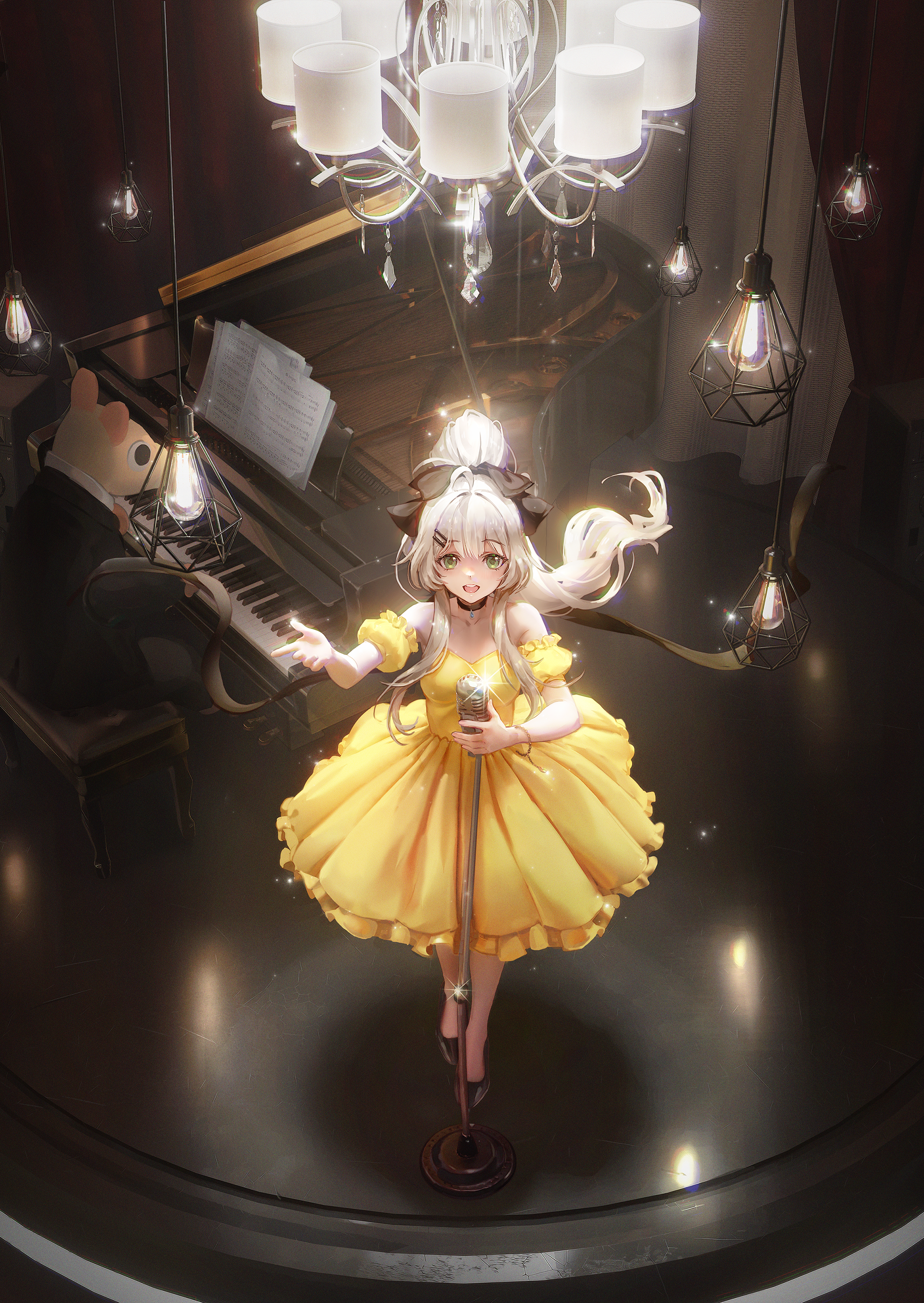Girl in yellow dress singing at microphone with piano and pig HD Phone Wallpaper