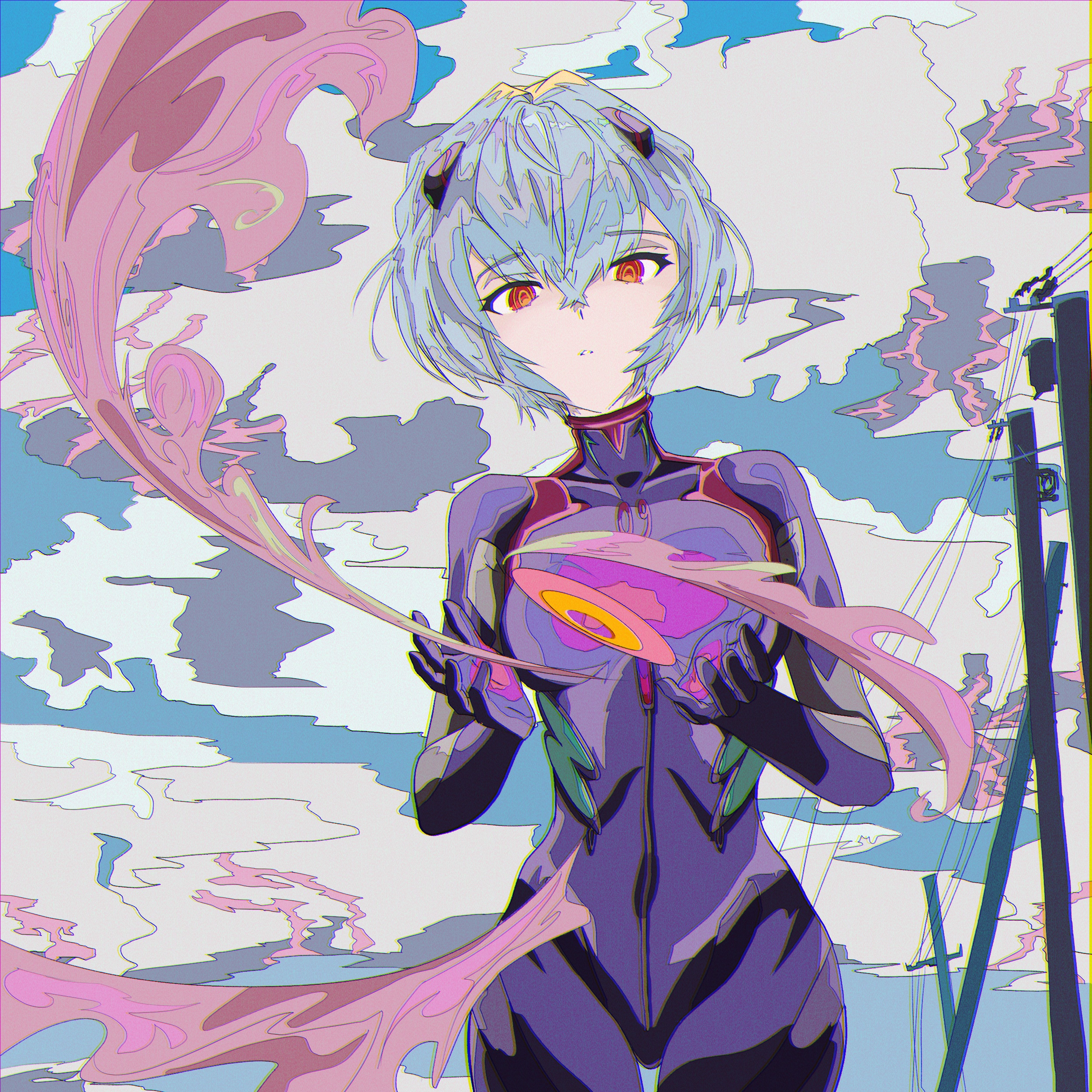 Rei Ayanami in a purple bodysuit with pink energy HD Wallpaper