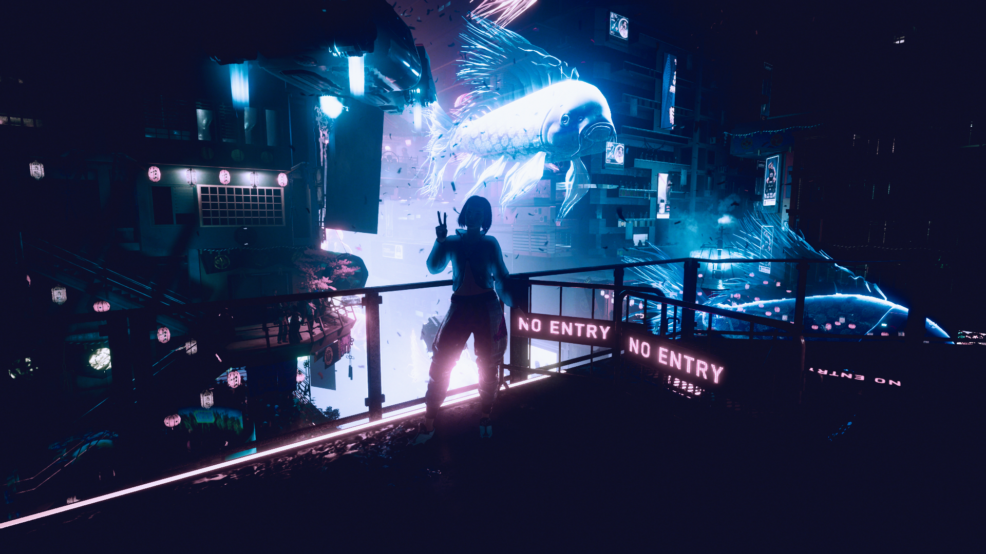 Cyberpunk city with a girl and a koi fish HD Wallpaper