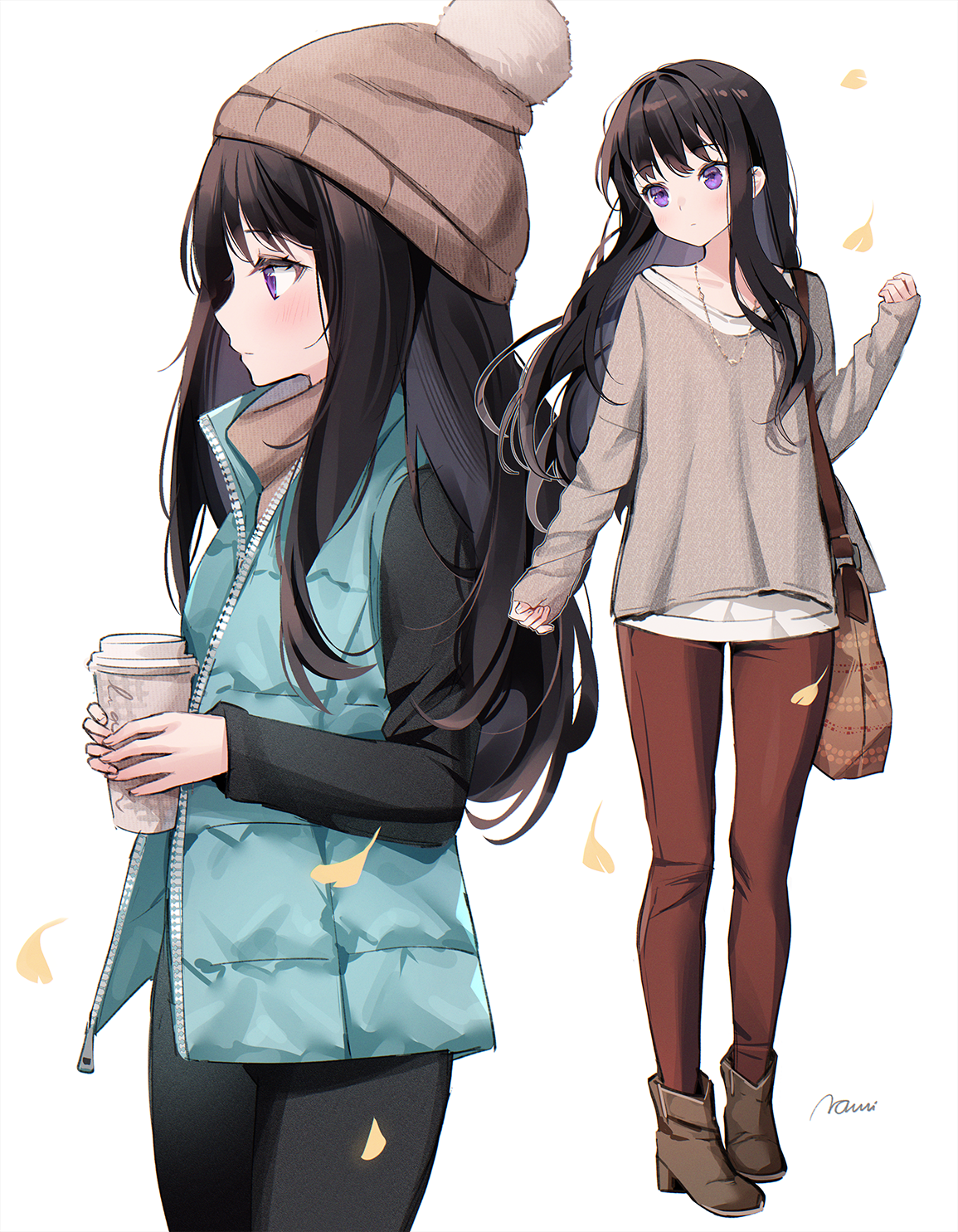 Two anime girls in winter clothes with a coffee cup HD Phone Wallpaper