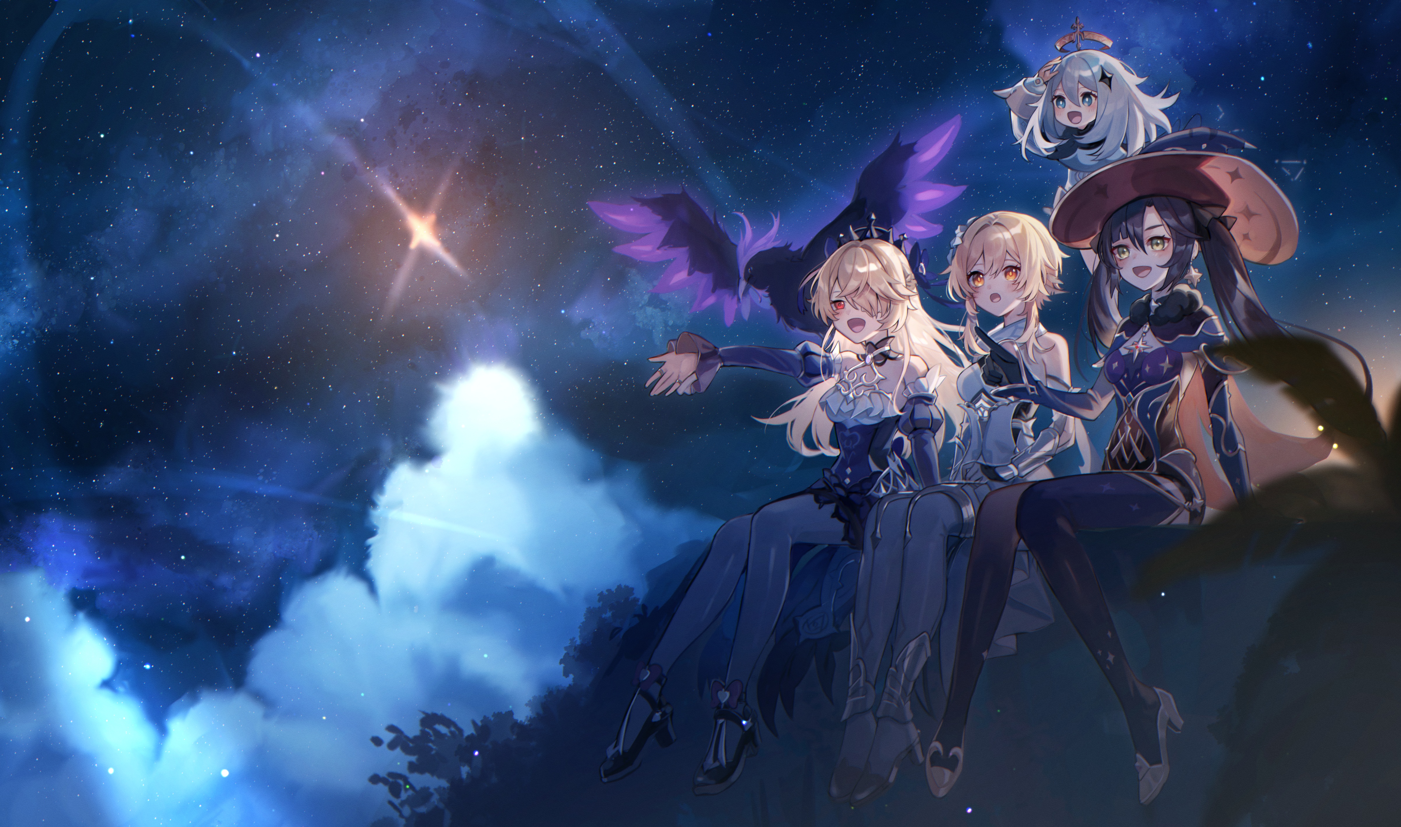 Genshin Impact: Fischl, Paimon, Mona, and Lumine under starry night HD Wallpaper