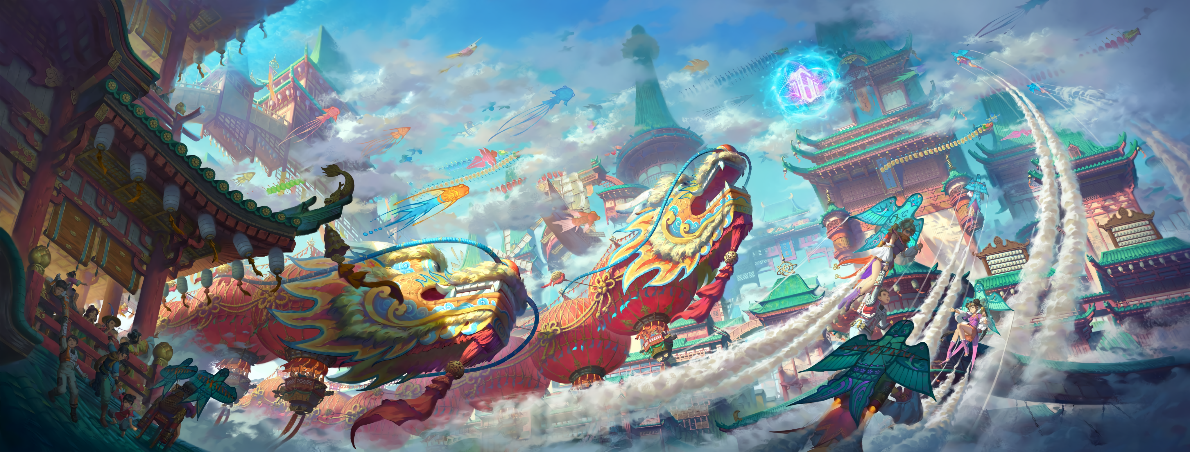 Chinese dragon kites flying over fantasy Chinese architecture HD Wallpaper
