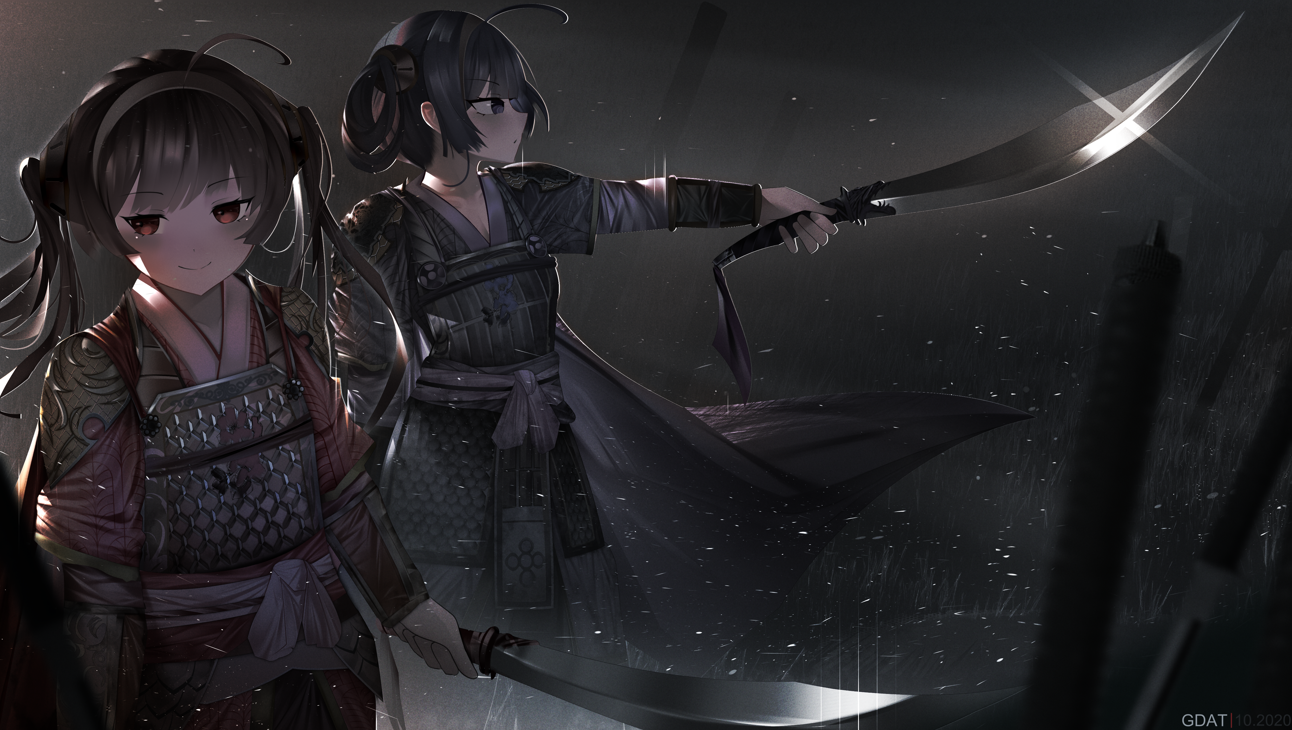 Azur Lane fan art of Ping Hai and Ning Hai with swords HD Wallpaper