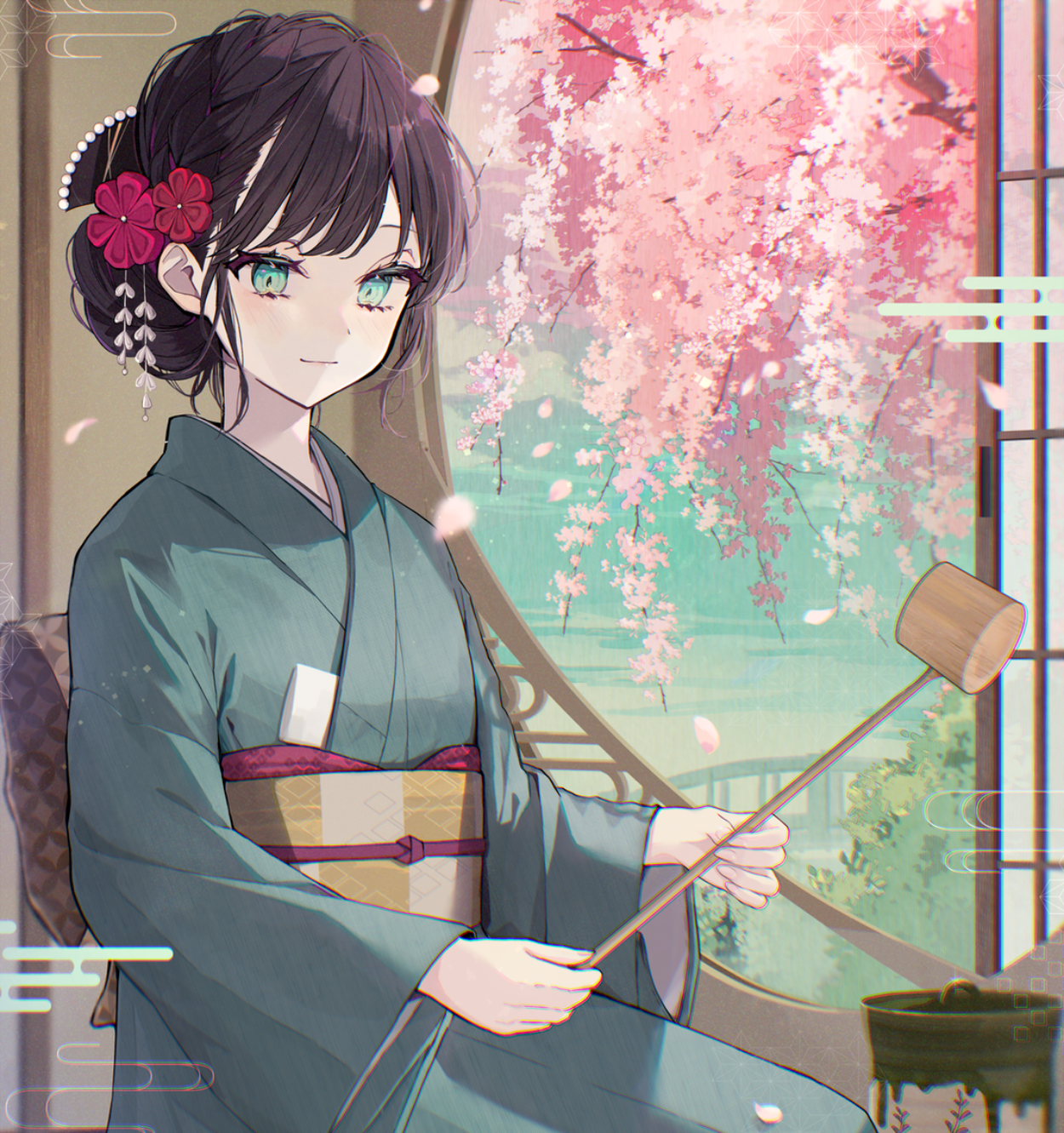 Girl in Kimono under Cherry Blossoms HD Wallpaper