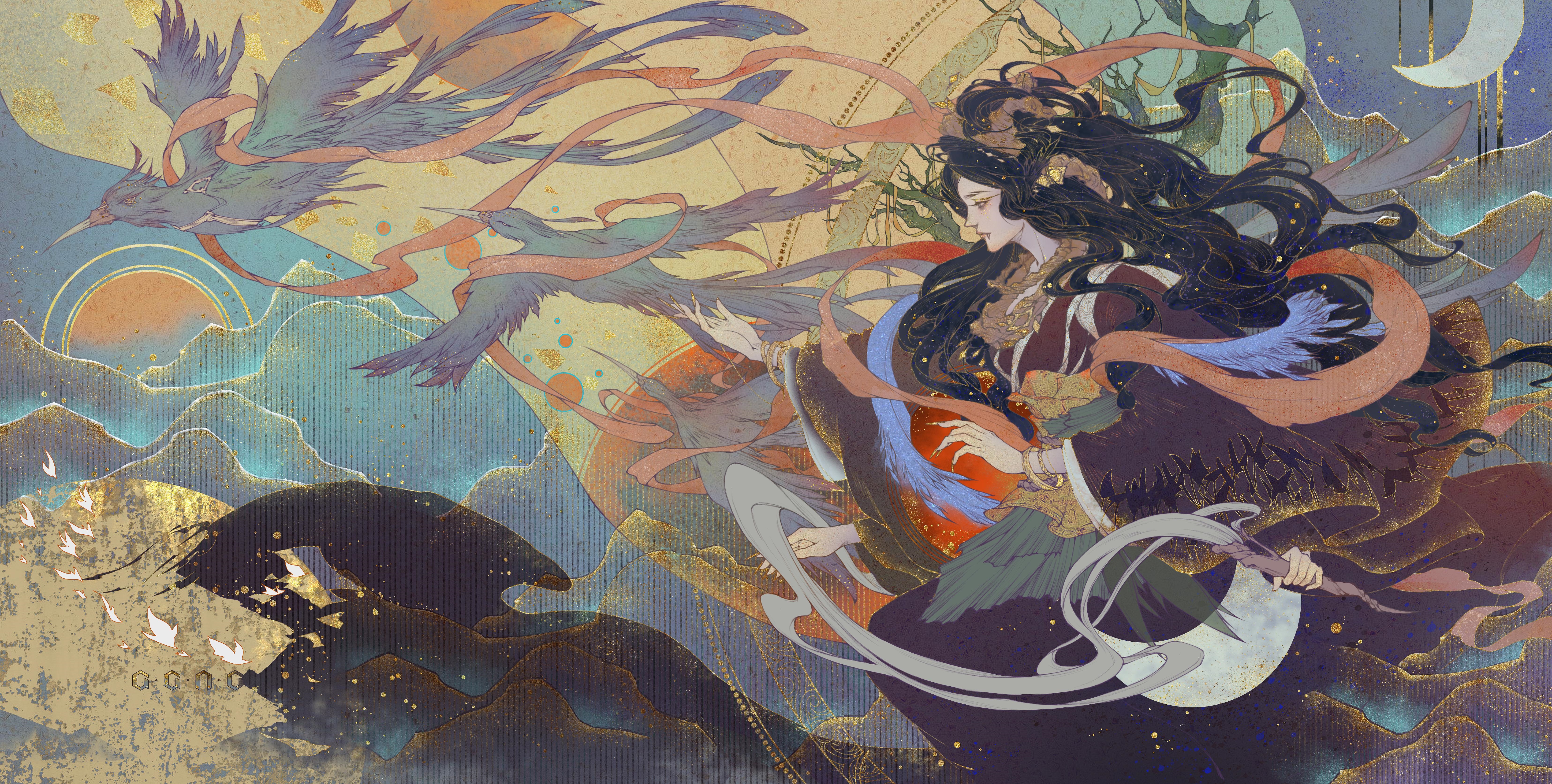 4K Chinese Mythology Woman with Birds and Moon HD Wallpaper