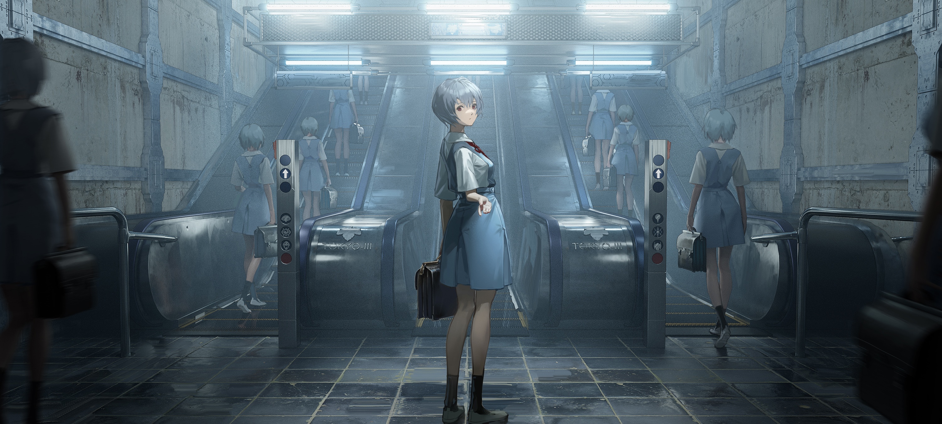 Ayanami Rei in a subway station with escalators HD Wallpaper