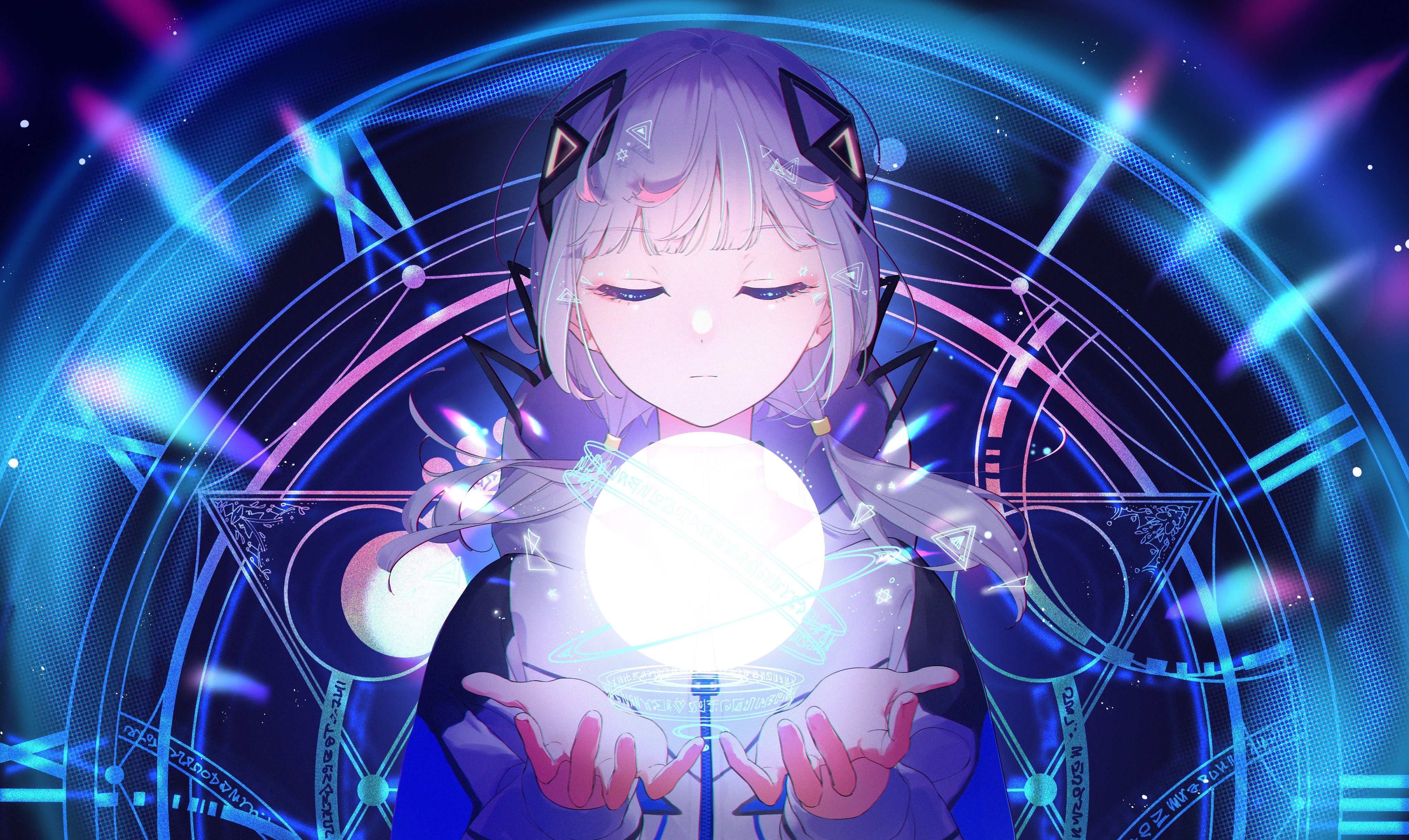 Anime girl holding a glowing orb with magical circles HD Wallpaper