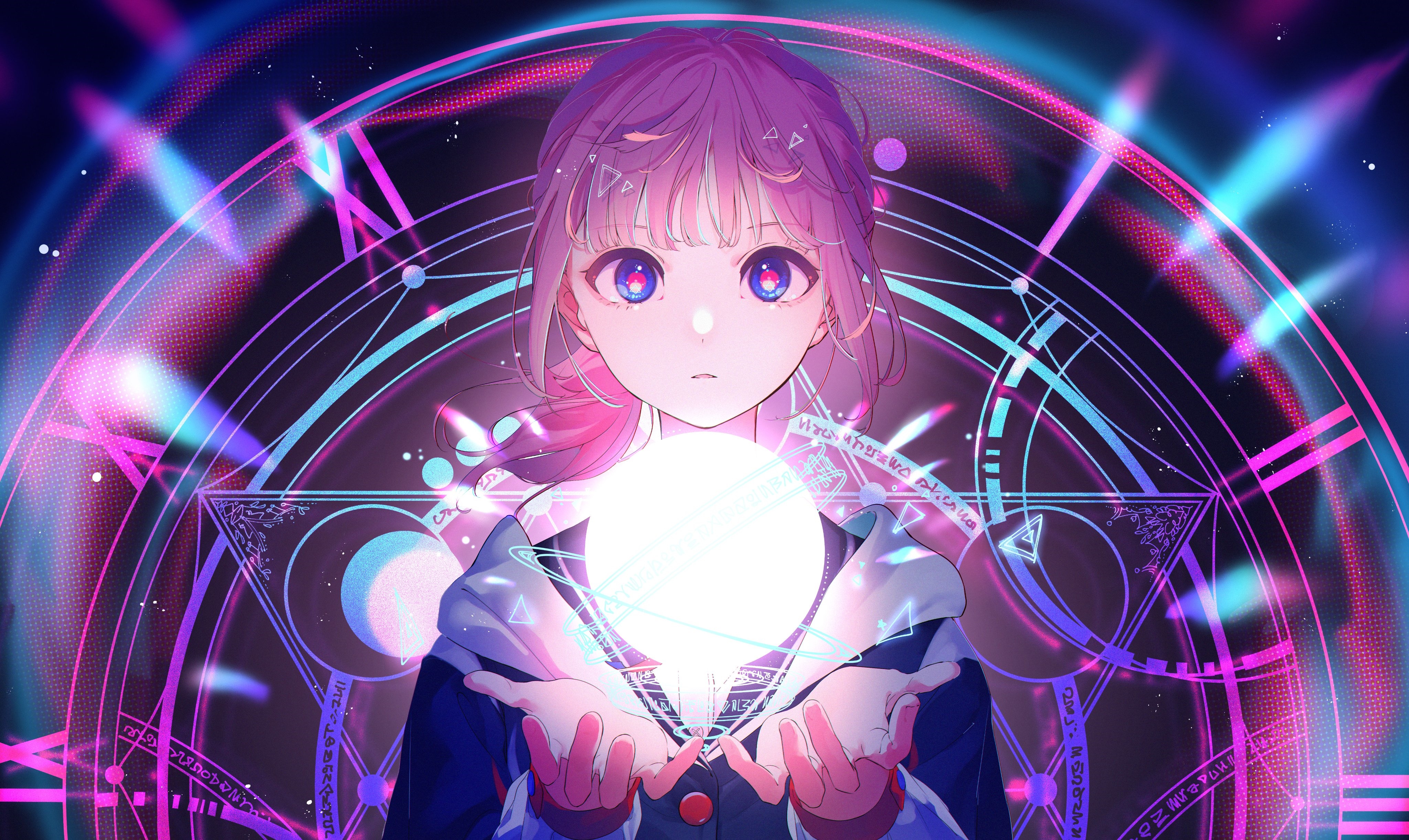 Girl with blue eyes holding a glowing orb HD Wallpaper