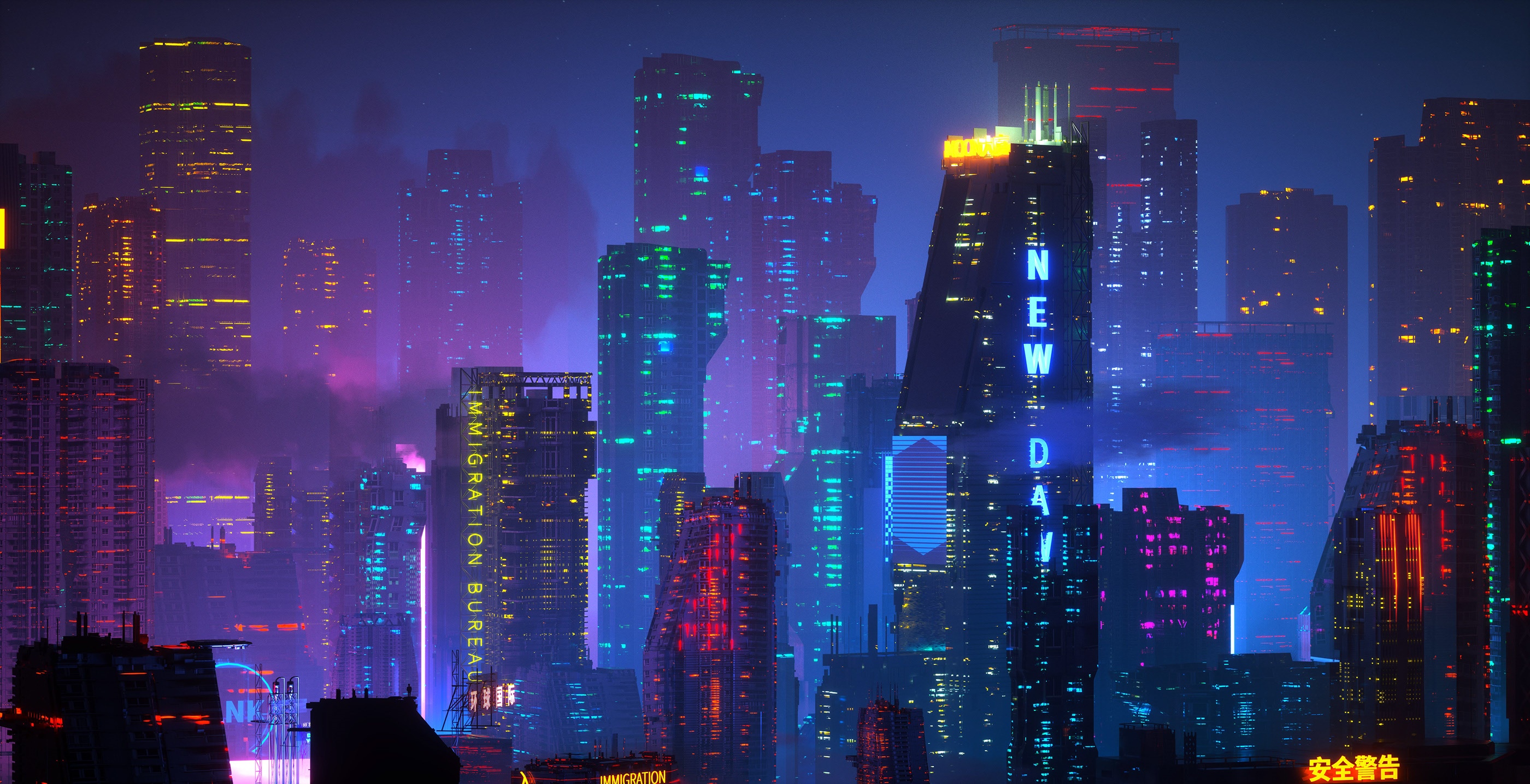 Cyberpunk city skyline with neon skyscrapers at night HD Wallpaper