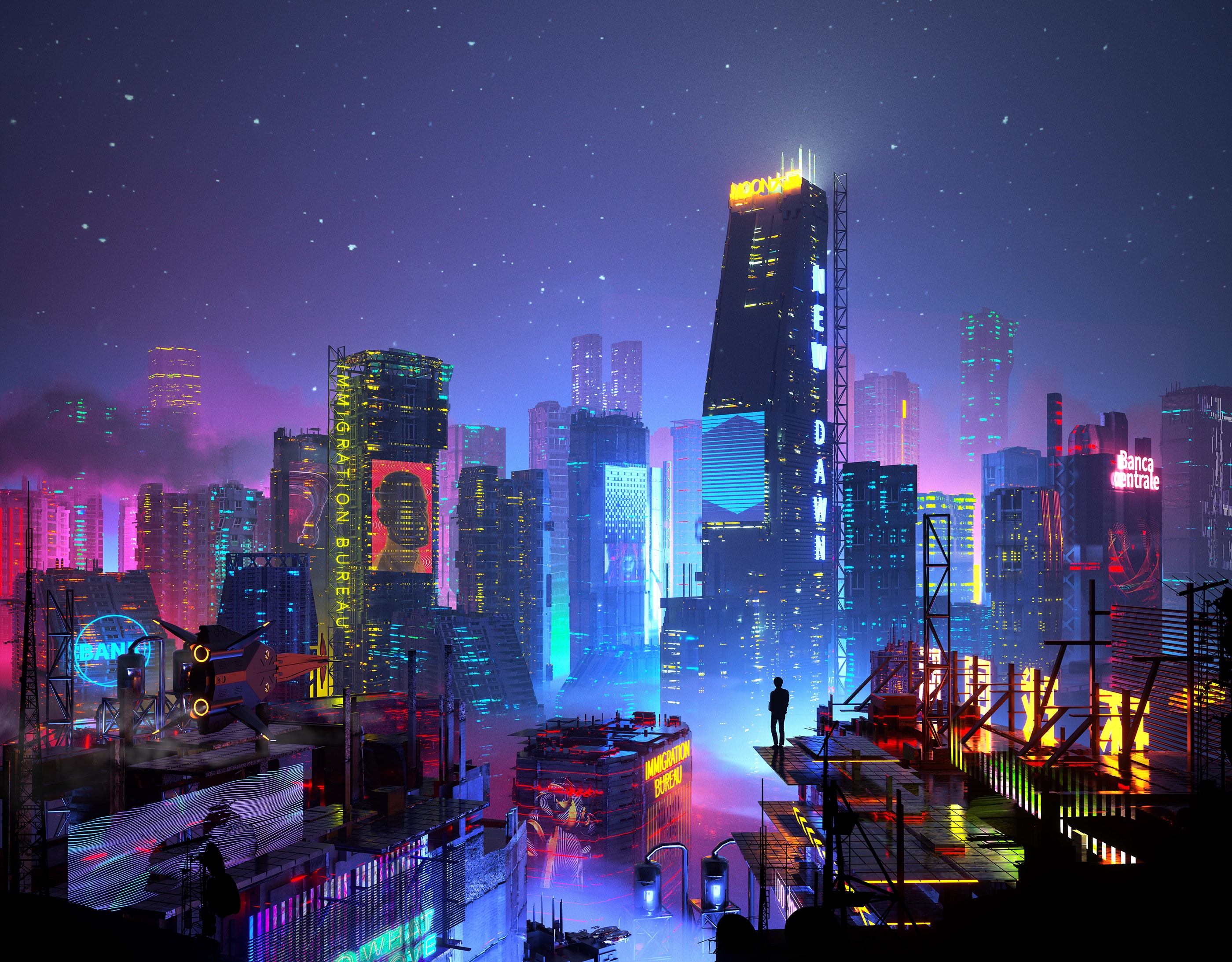 Futuristic cyberpunk city with neon lights at night HD Wallpaper