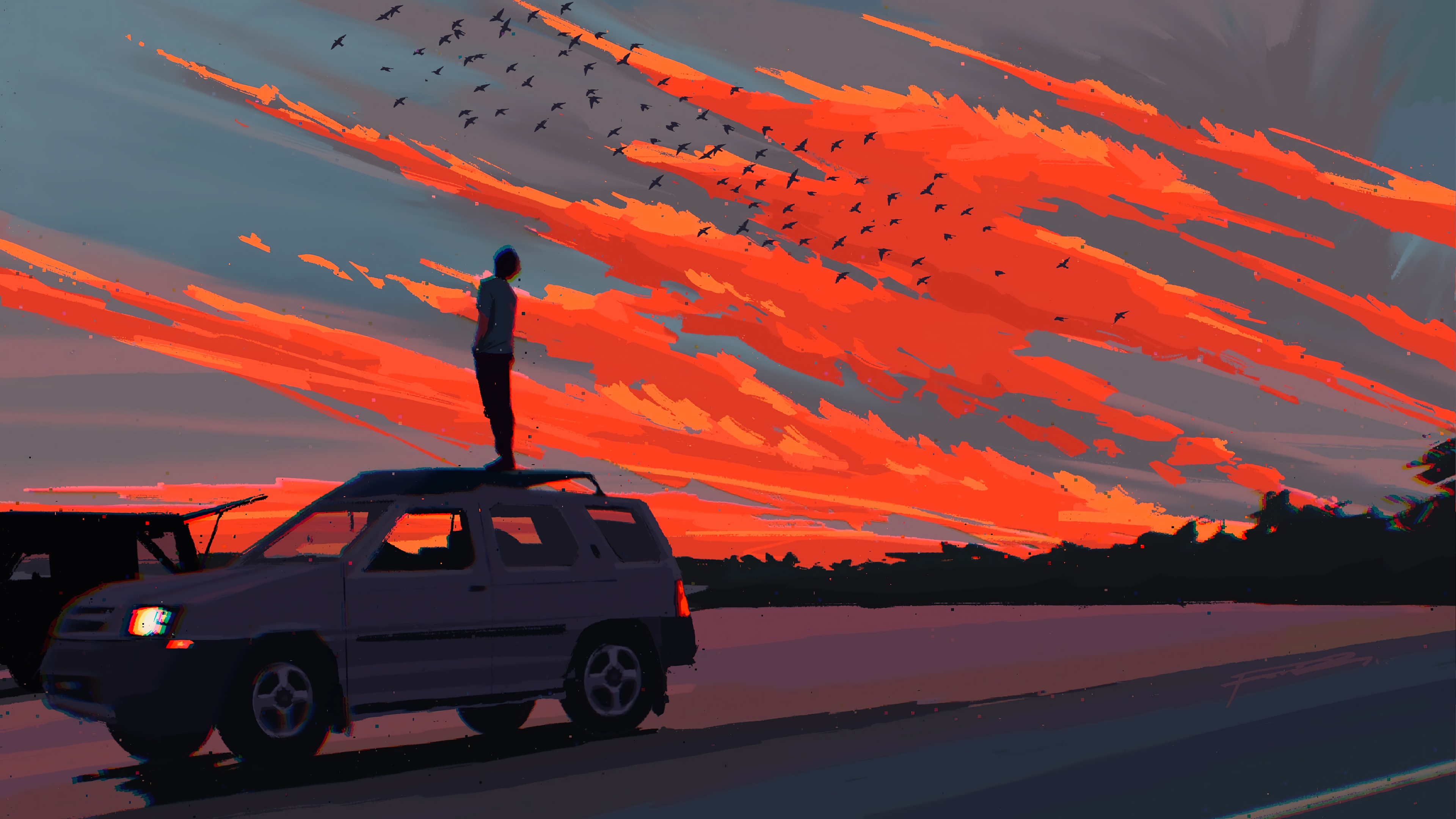 4K painting of a person on a car with red sky HD Wallpaper