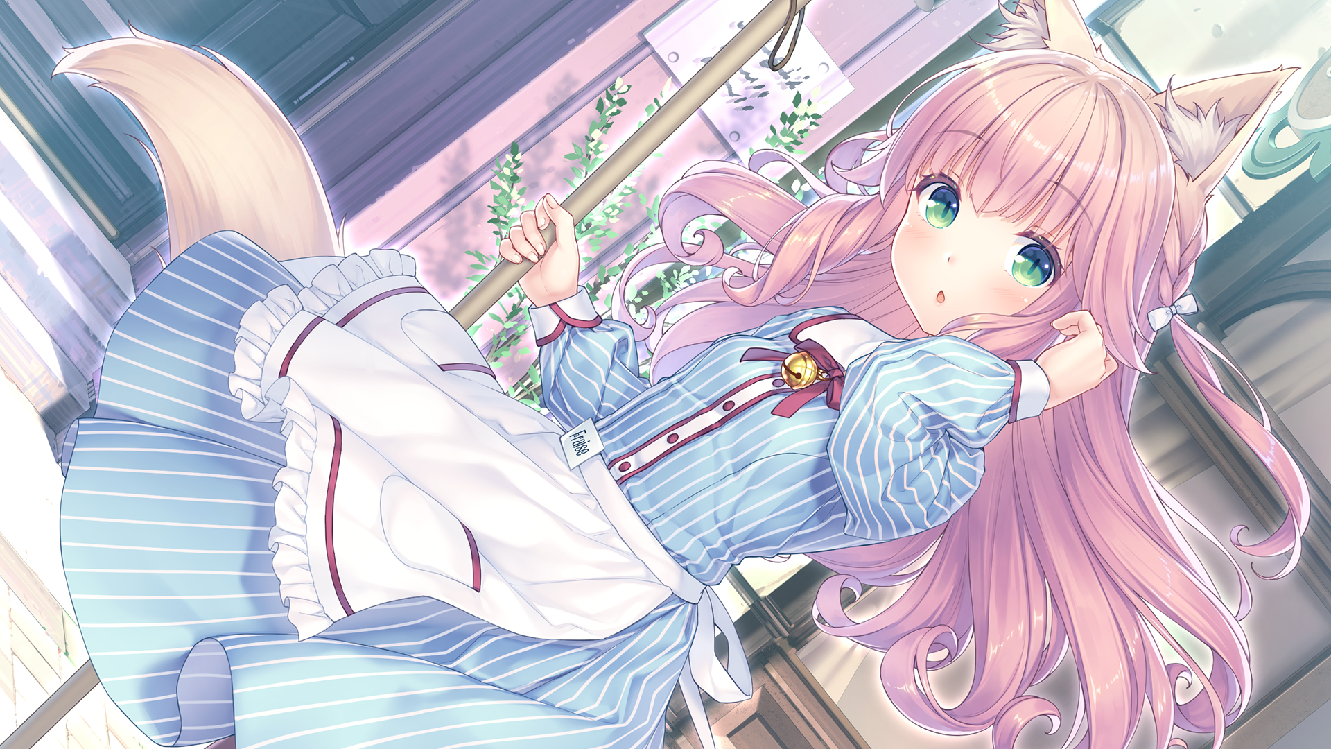 Cat girl with pink hair holding a broom HD Wallpaper