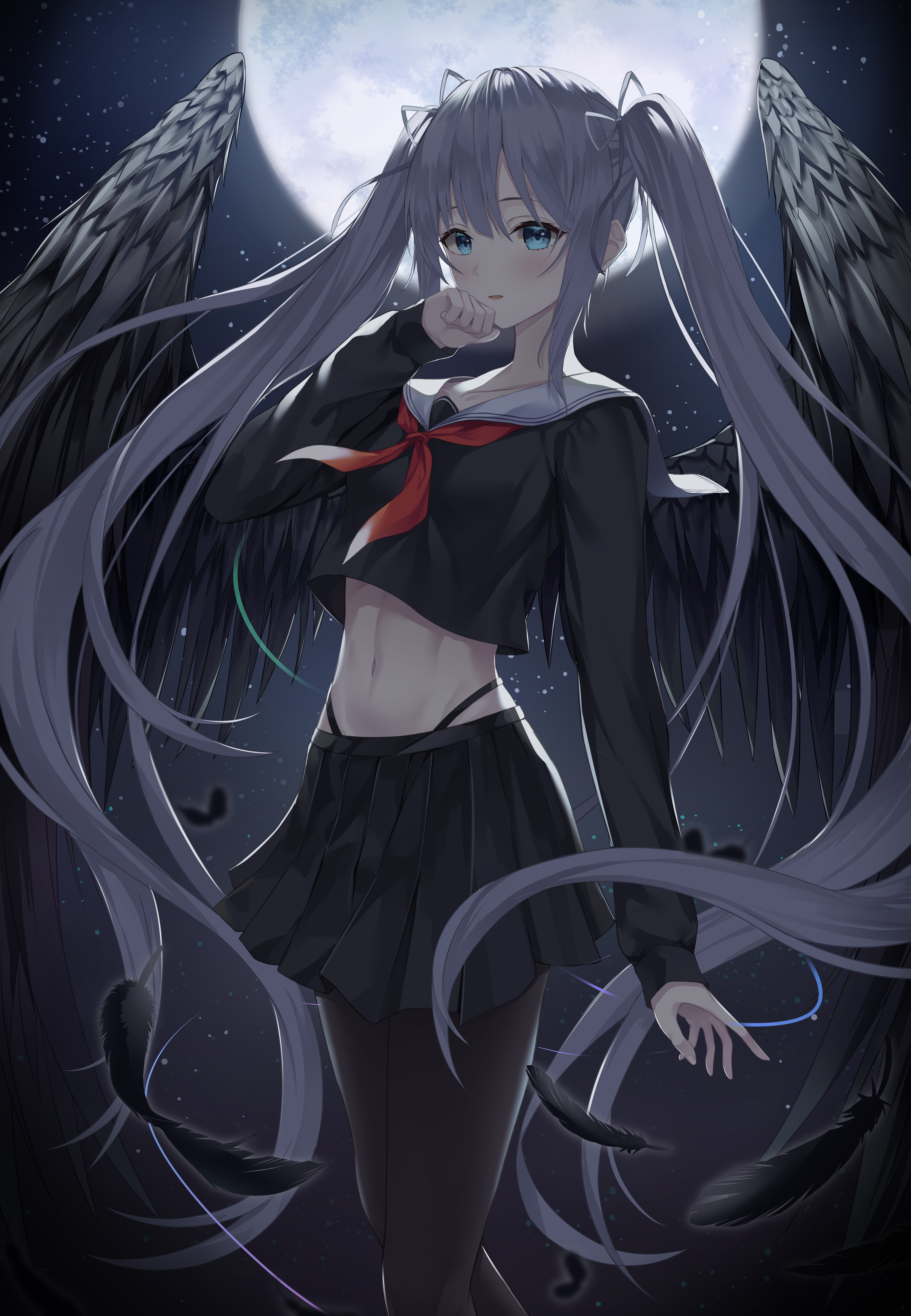 4K Anime Girl with Black Wings and School Uniform HD Phone Wallpaper
